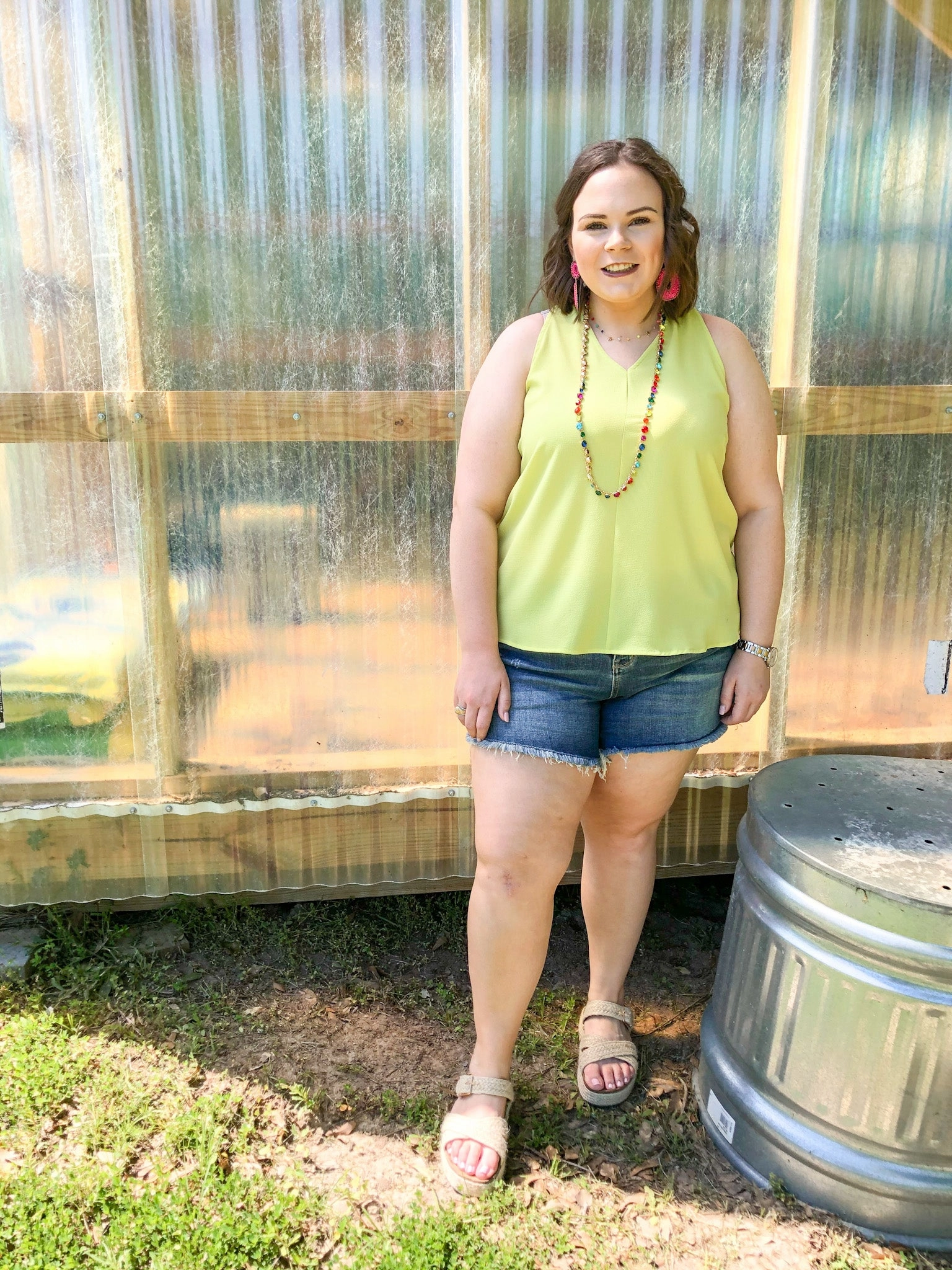 Casual Comfort Casual Bottoms A Graceful Way V-Neck Tank Top with Ribbon in Lime Green