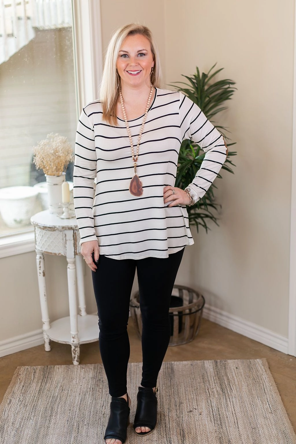 AdjustableNeckline A New Day Long Sleeve Striped Top with Suede Elbow Patches in Ivory