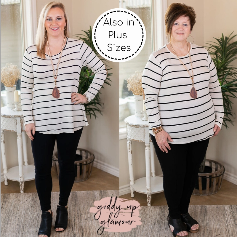 A New Day Long Sleeve Striped Top with Suede Elbow Patches in Ivory Eco Dye Process Reinforced Stitching