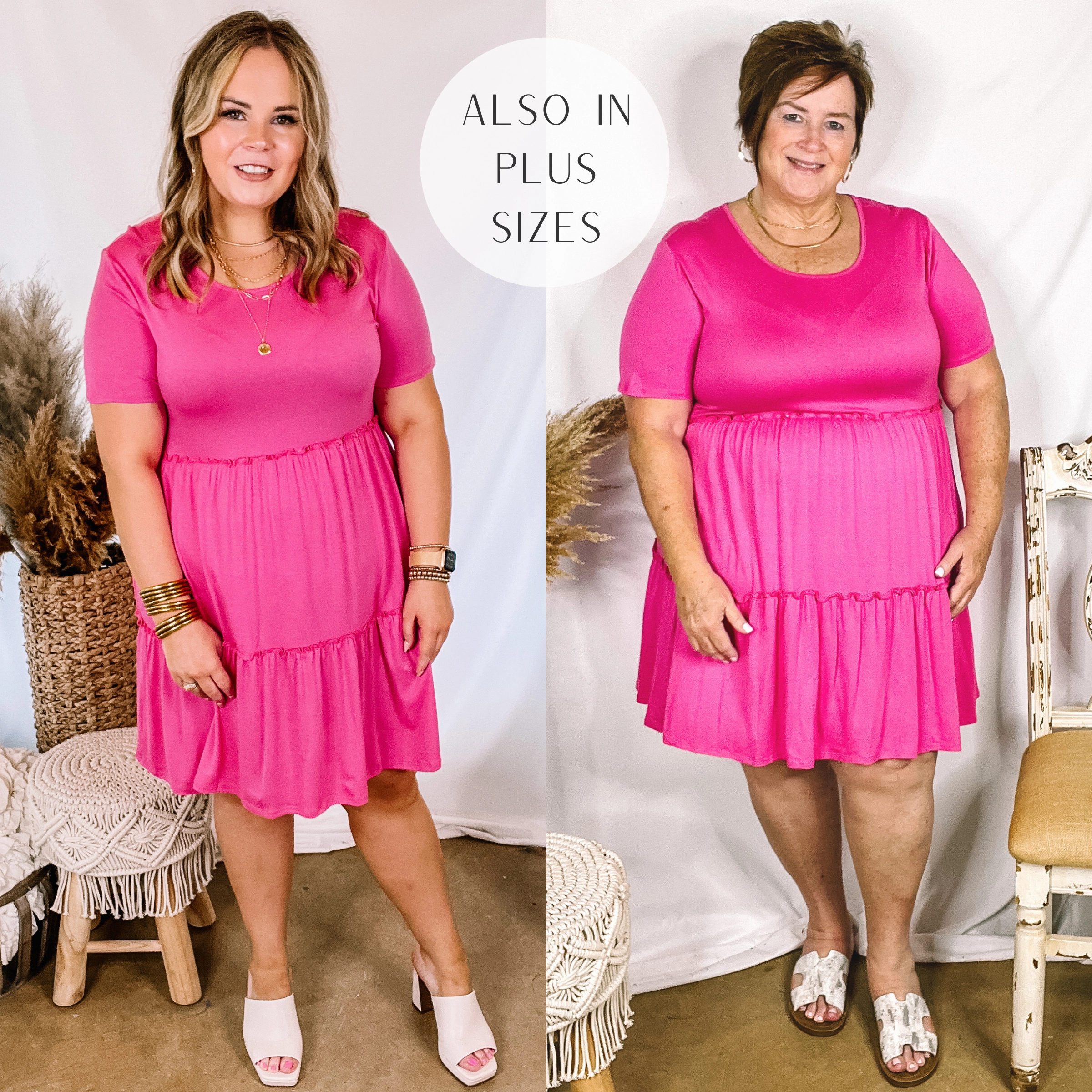 A Night to Remember Ruffle Tiered Short Sleeve Dress in Fuchsia Pink Cozy Fashion Jewel tone
