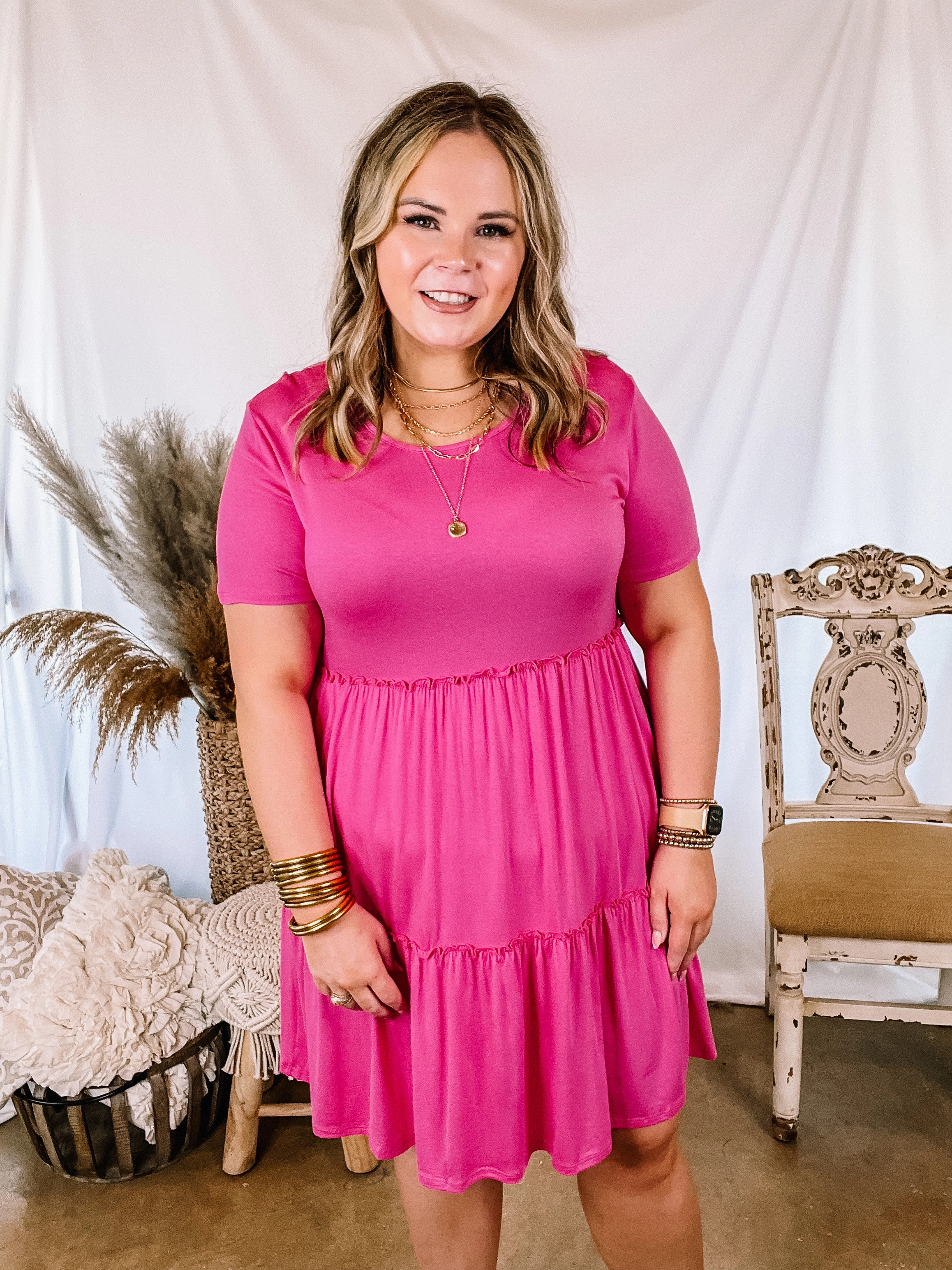 A Night to Remember Ruffle Tiered Short Sleeve Dress in Fuchsia Pink SnagResistant Weave