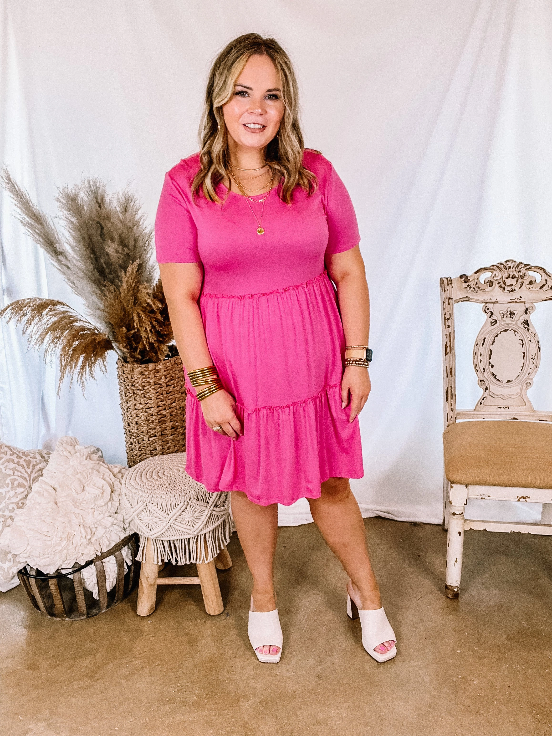 A Night to Remember Ruffle Tiered Short Sleeve Dress in Fuchsia Pink SeamlessConstruction