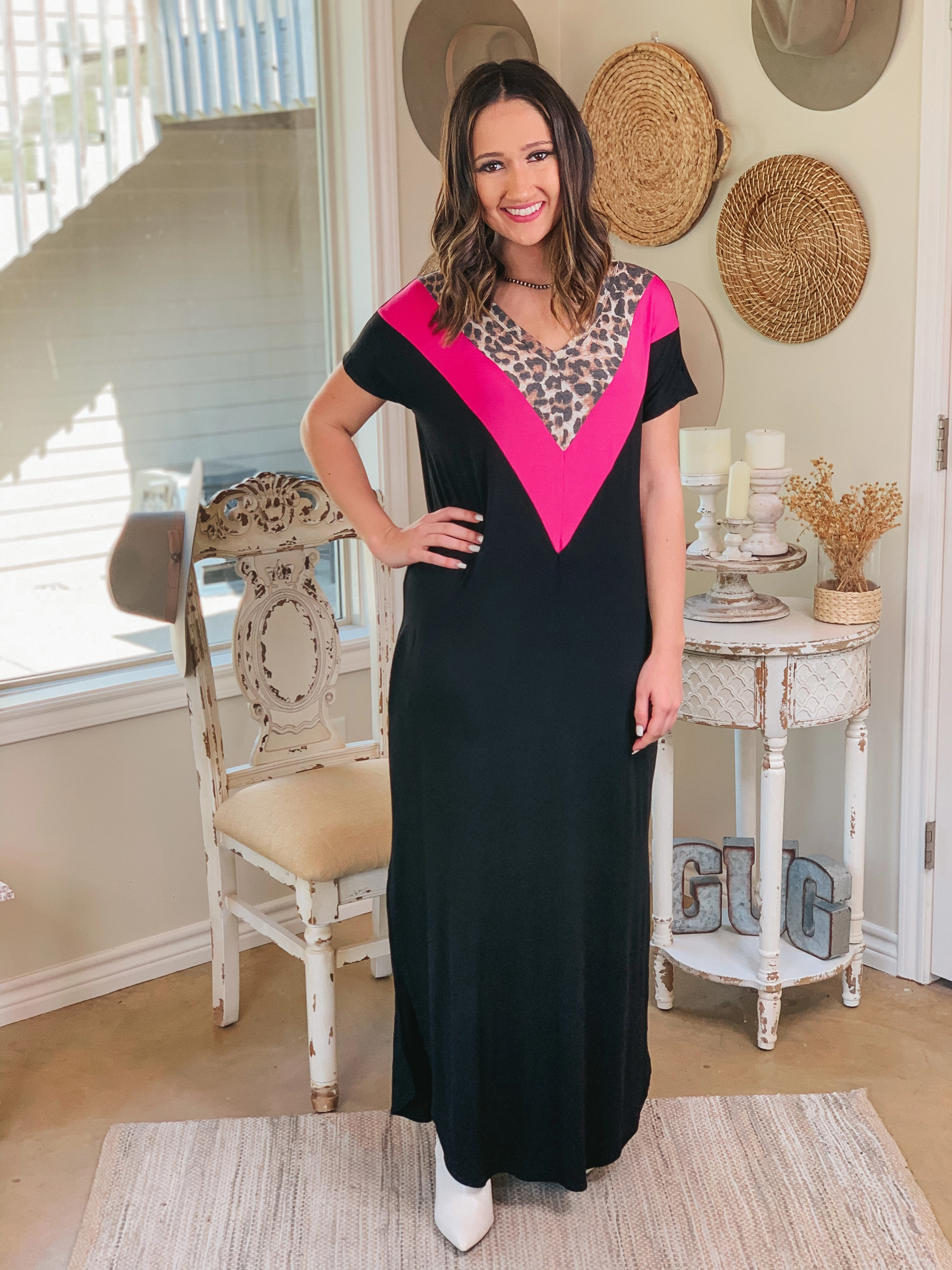 A Wild Time Leopard and Fuchsia V Neck Accent Maxi Dress in Black Glass Fit Zoom Proper