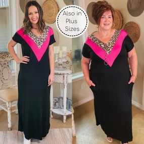 Luxury Touch LightweightWeave A Wild Time Leopard and Fuchsia V Neck Accent Maxi Dress in Black