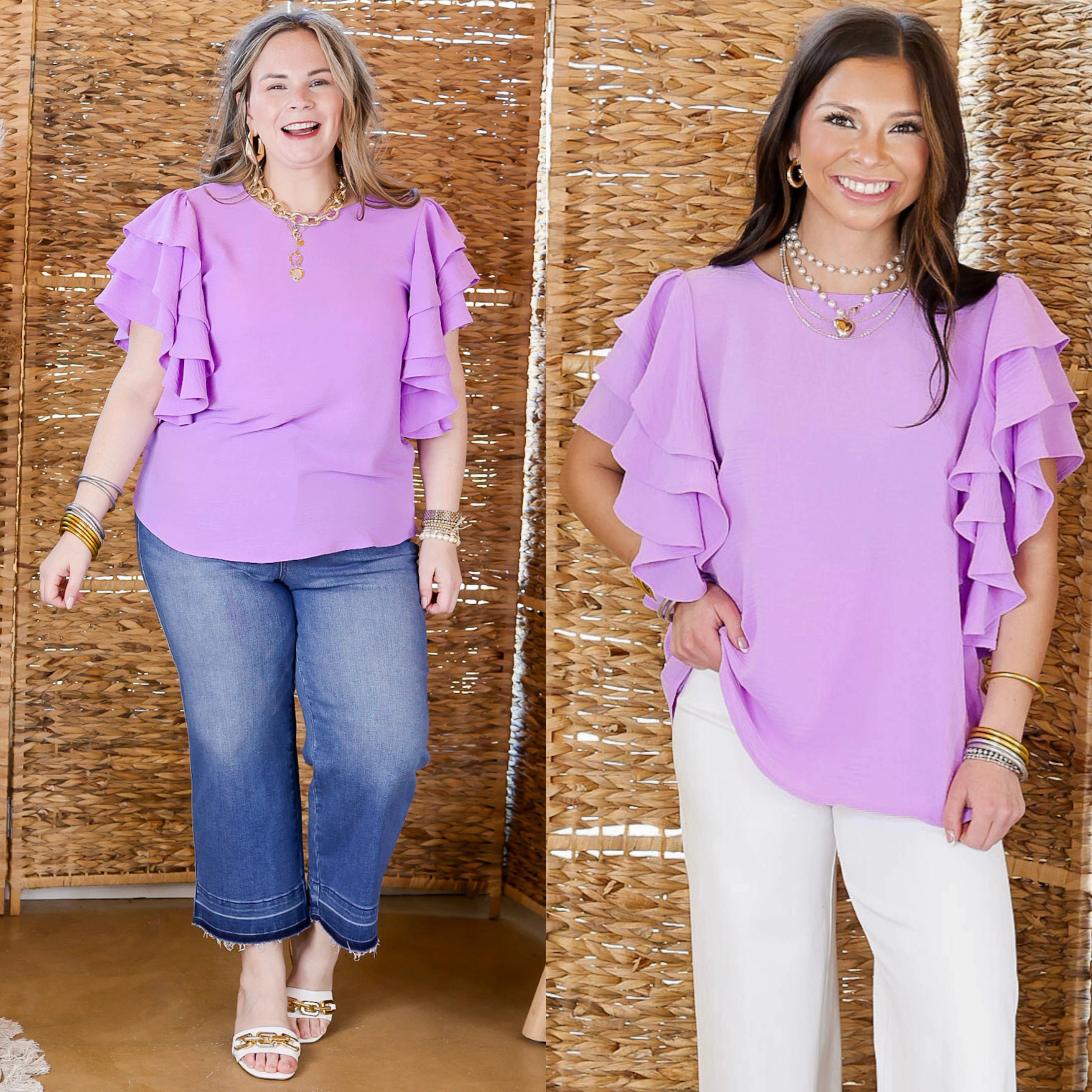 Friend Vibe Raw Linen Turning Heads Multi-Tiered Ruffle Cap Sleeve Top in Lavender Purple