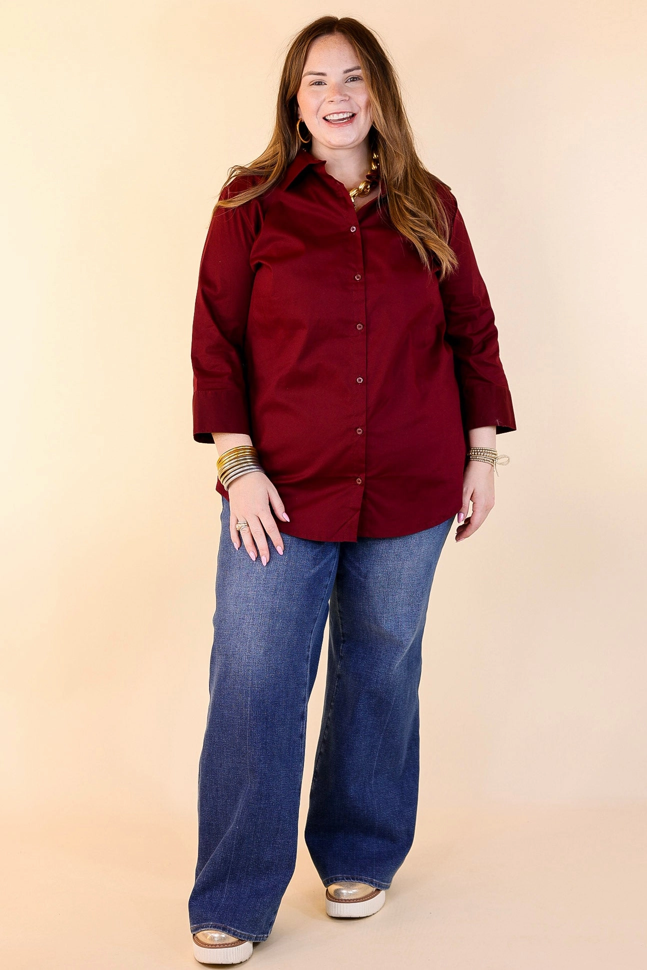 Eco Friendly Dye Last Chance Size 1XL | Simply Chic Collared Button Up Top with 3/4 Sleeves in Maroon