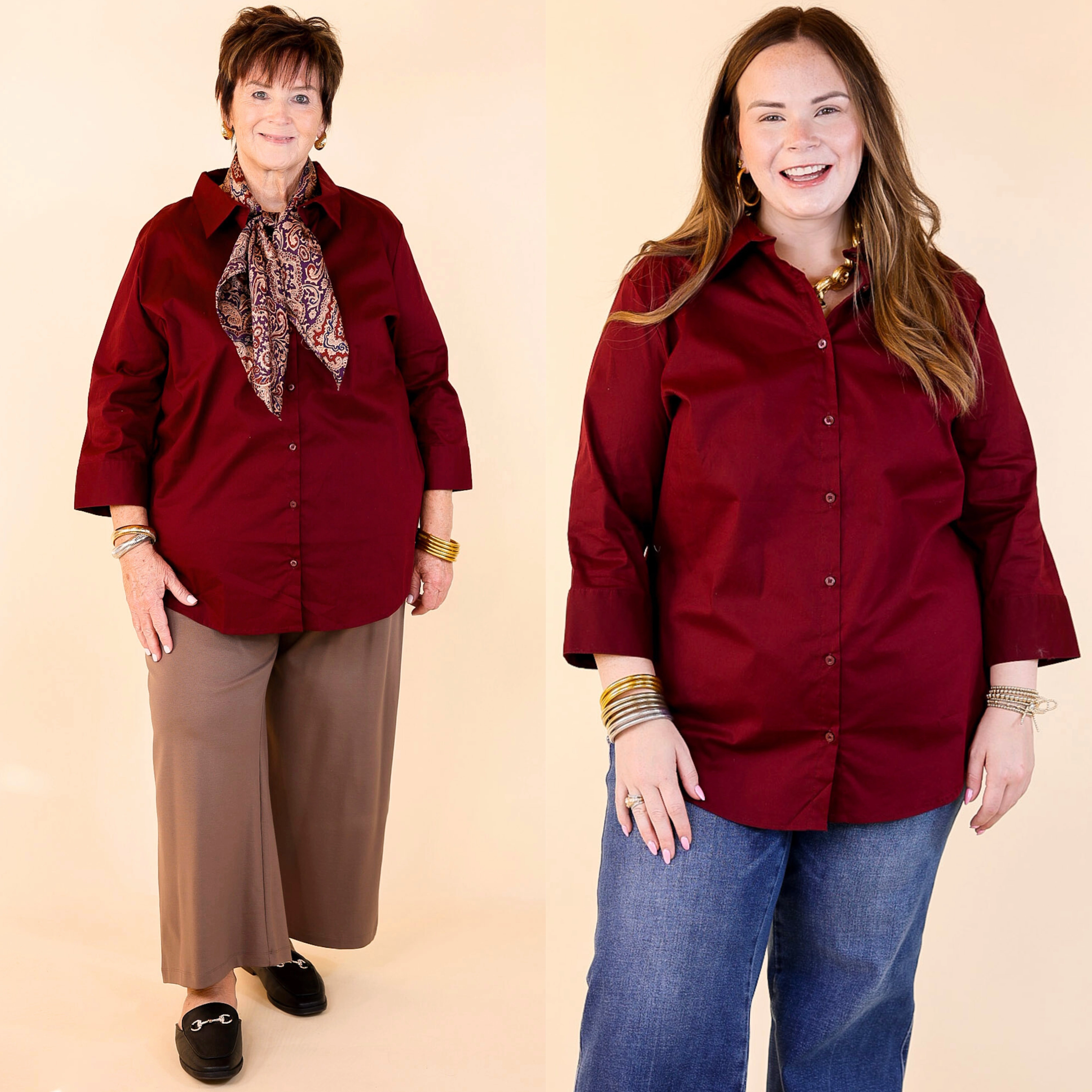 Last Chance Size 1XL | Simply Chic Collared Button Up Top with 3/4 Sleeves in Maroon Breathable Mesh Back Grid Back Panel