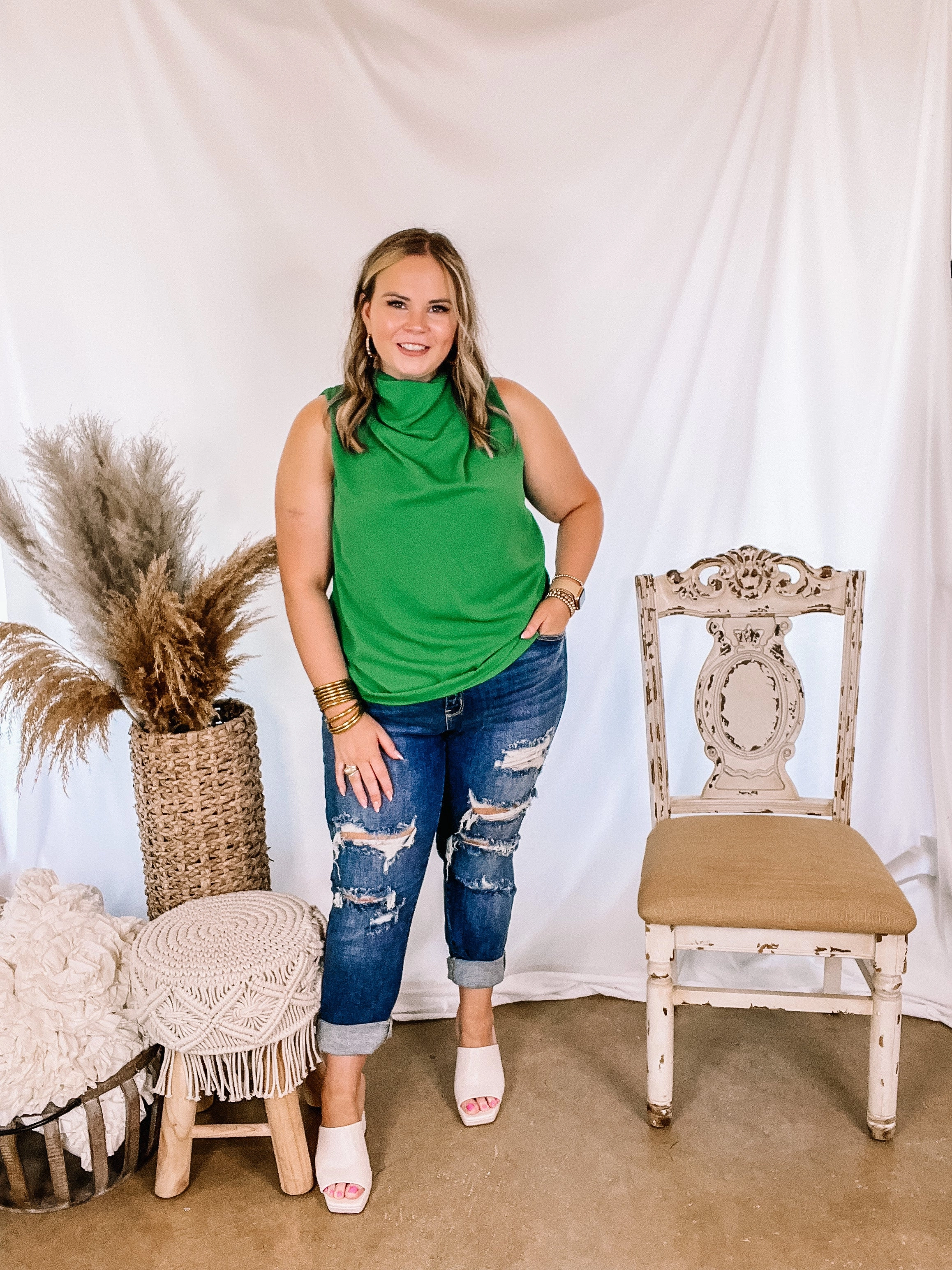 Hot Spot High Cowl Neck Tank Top in Green Easy Tunic DoubleLayered Fabric