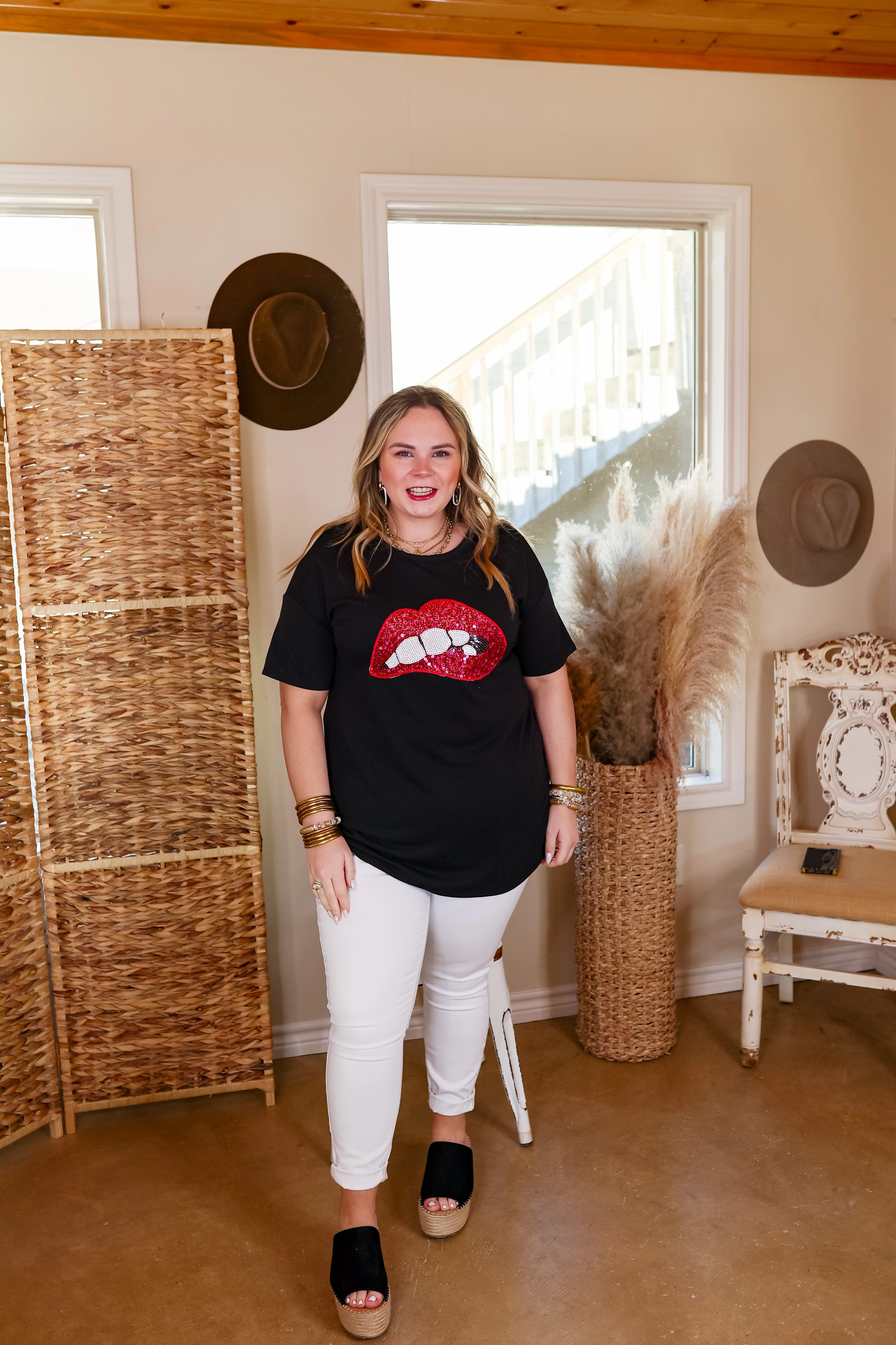 Rock All Night Sequin Mouth Graphic Tee in Black Fall Core Spirit Glow