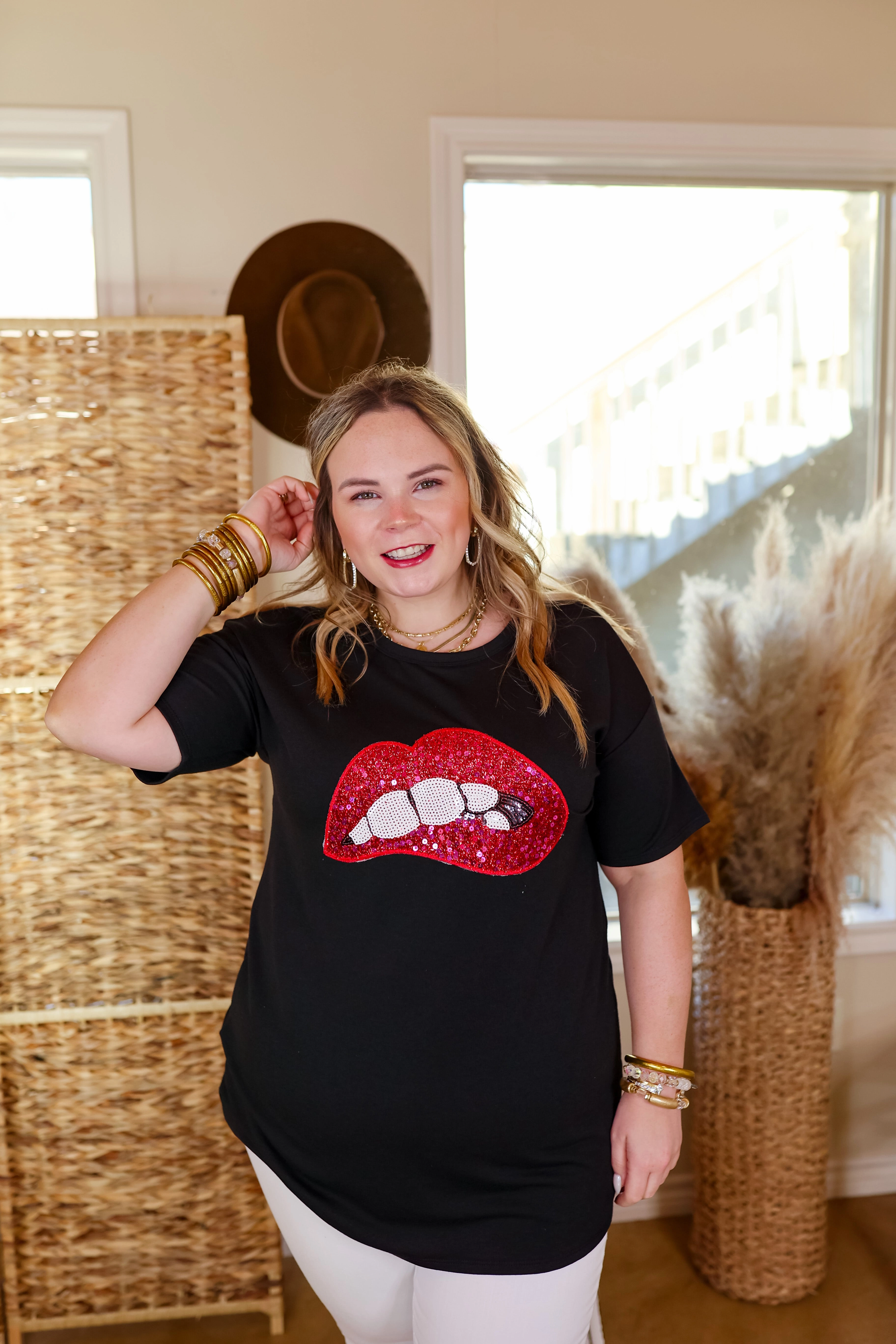 Rock All Night Sequin Mouth Graphic Tee in Black Tailored Fit