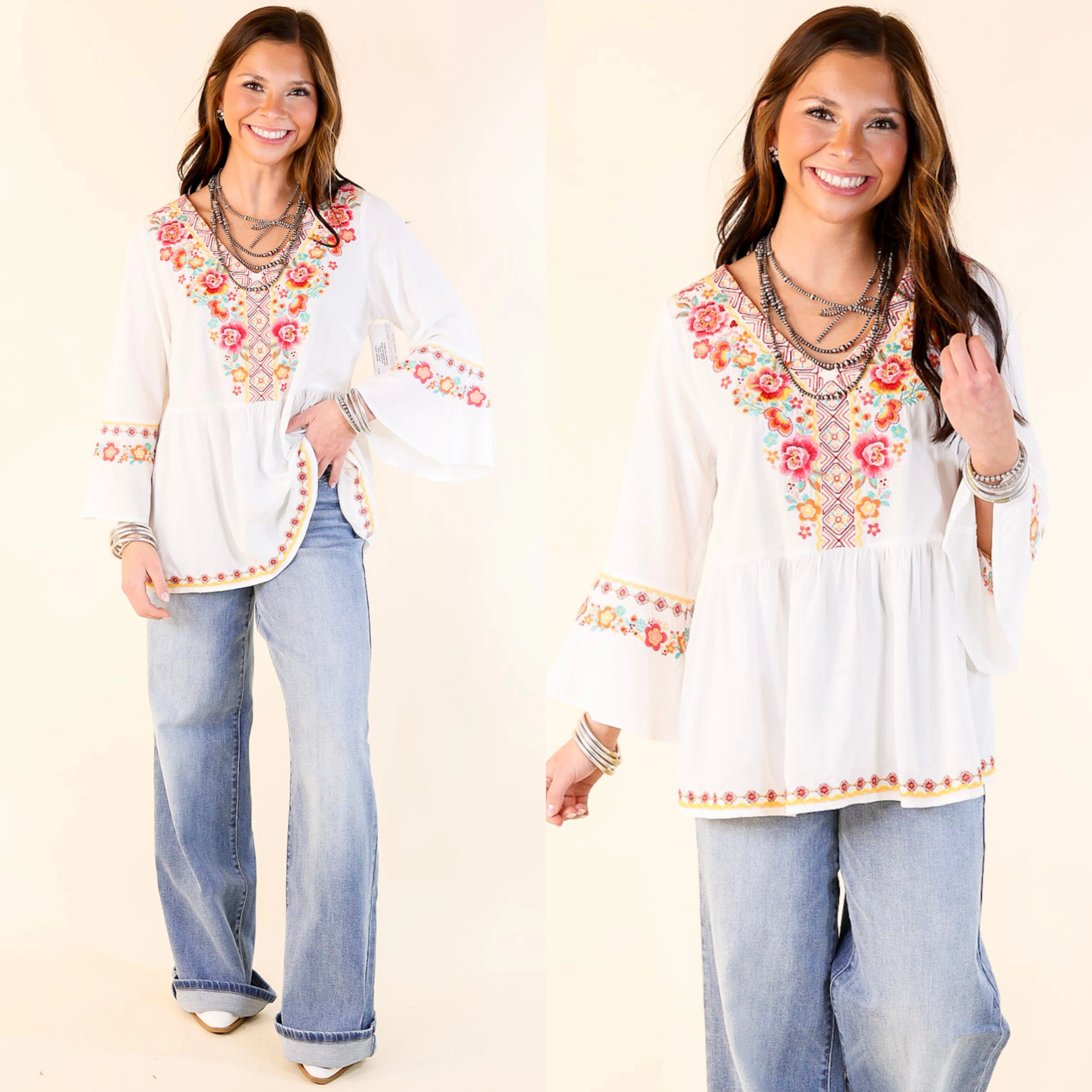 Joyous Moments 3/4 Bell Sleeve Embroidered Babydoll Top in White Flatlock Stitching Technique Trendy Shirt