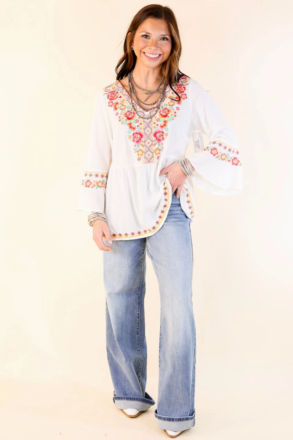 Joyous Moments 3/4 Bell Sleeve Embroidered Babydoll Top in White UltraSoft Lining Sport Hoodie