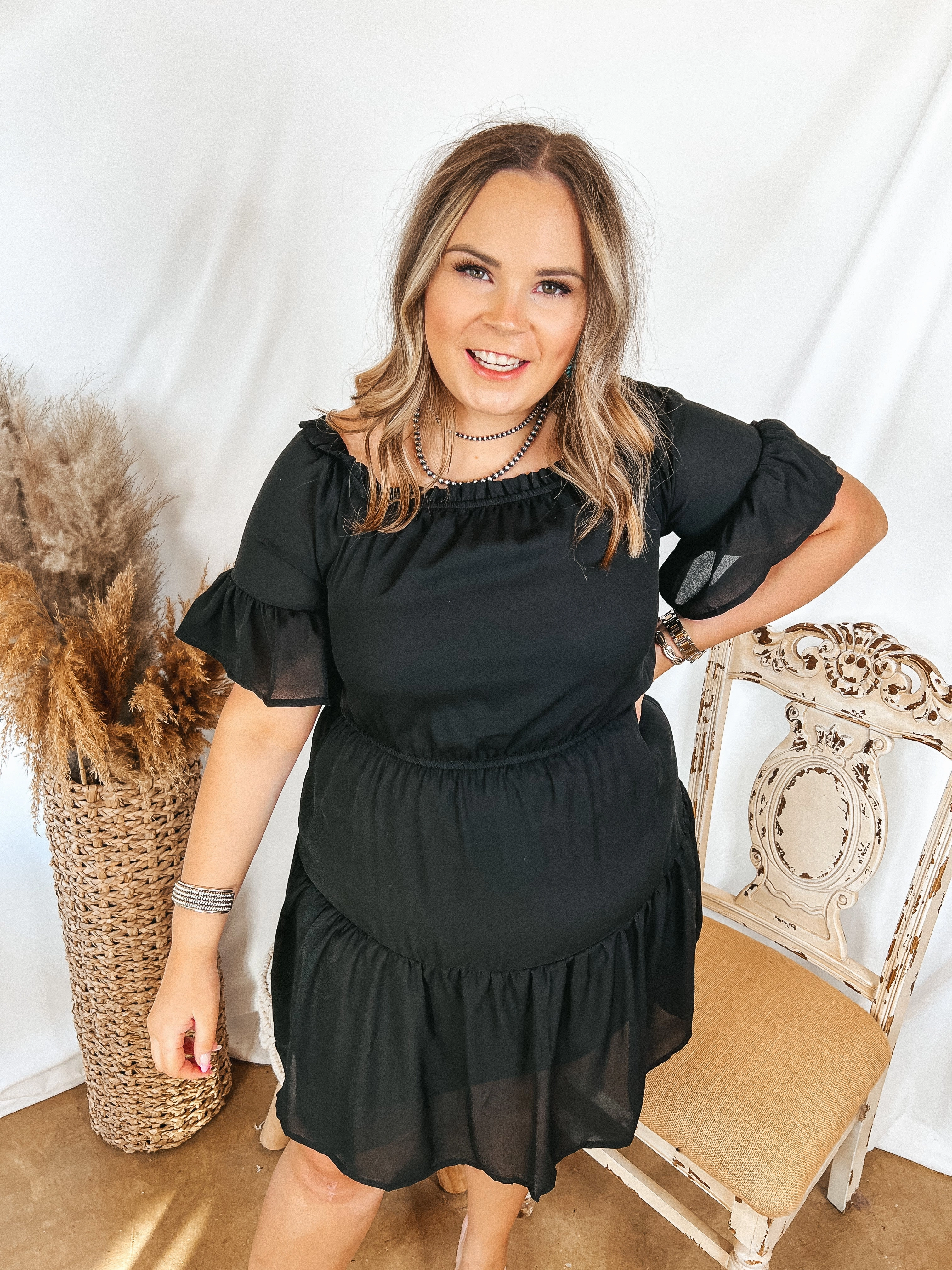 Last Chance Size Small and Large | Visions of Romance Off the Shoulder Ruffle Tiered Dress in Black SustainableBlend