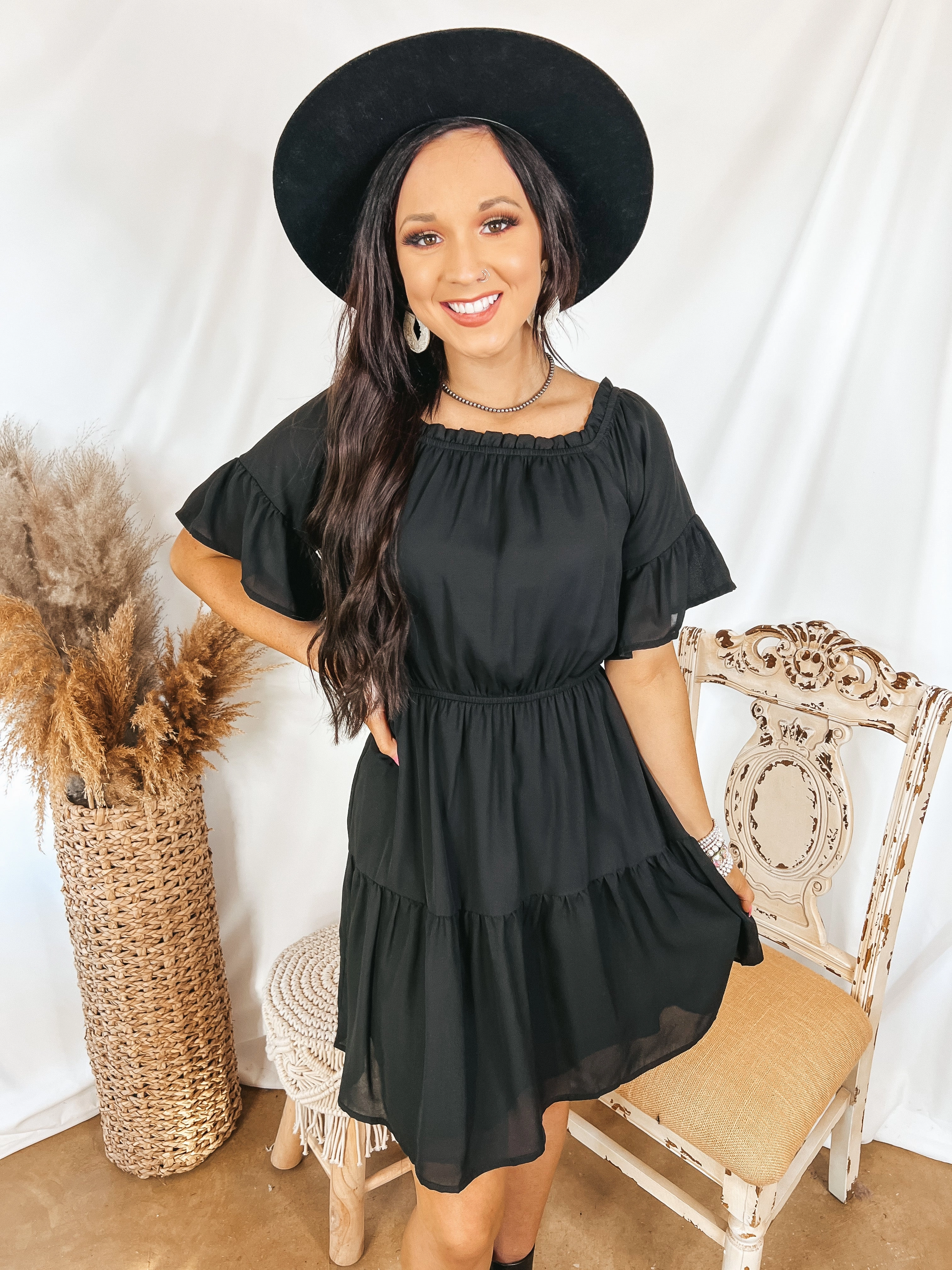 Rush Mode Last Chance Size Small and Large | Visions of Romance Off the Shoulder Ruffle Tiered Dress in Black
