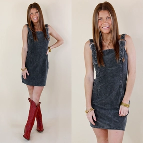 Easy To Style Corduroy Overall Dress with Silver Buckles in Charcoal Black EcoDyeProcess