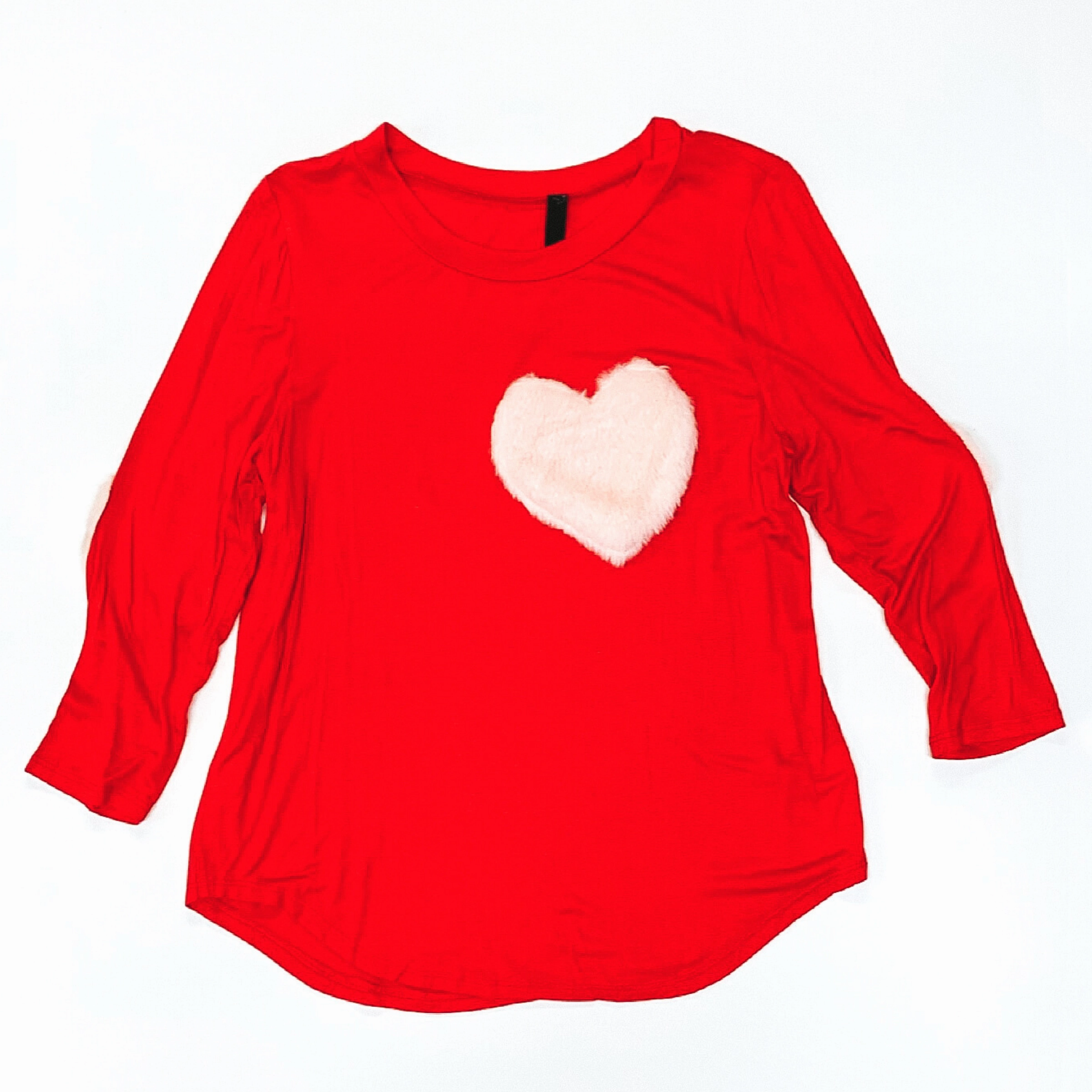 WrinkleFree Fabric Red 3/4 Sleeve Top with White Furry Hearts