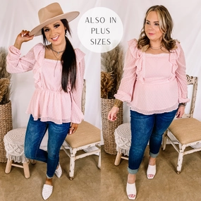 Last Chance Size Small | Spring Into Action Swiss Dot Long Sleeve Peplum Top with Ruffle Detail in Baby Pink AntiOdor Fabric Travel Proof