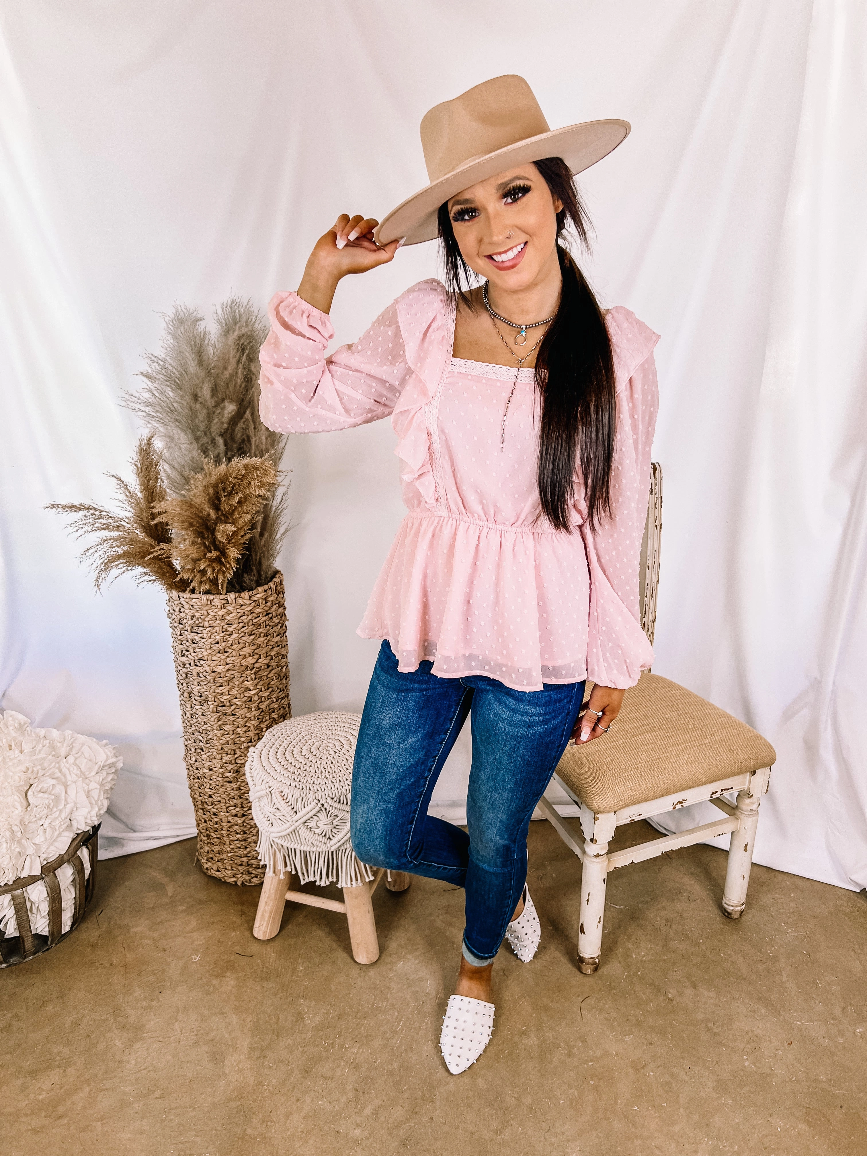 Last Chance Size Small | Spring Into Action Swiss Dot Long Sleeve Peplum Top with Ruffle Detail in Baby Pink Outdoor Jacket