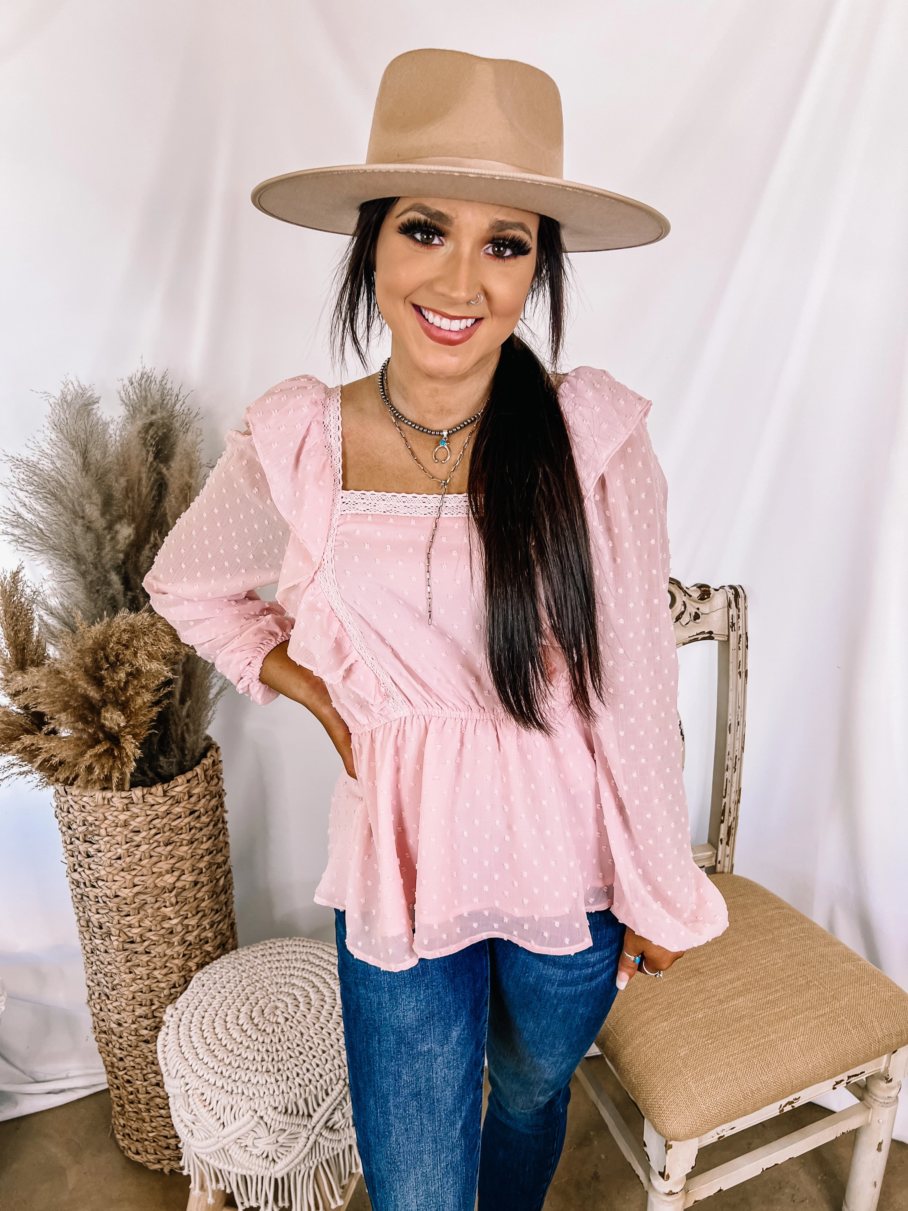 Last Chance Size Small | Spring Into Action Swiss Dot Long Sleeve Peplum Top with Ruffle Detail in Baby Pink RecycledBlend
