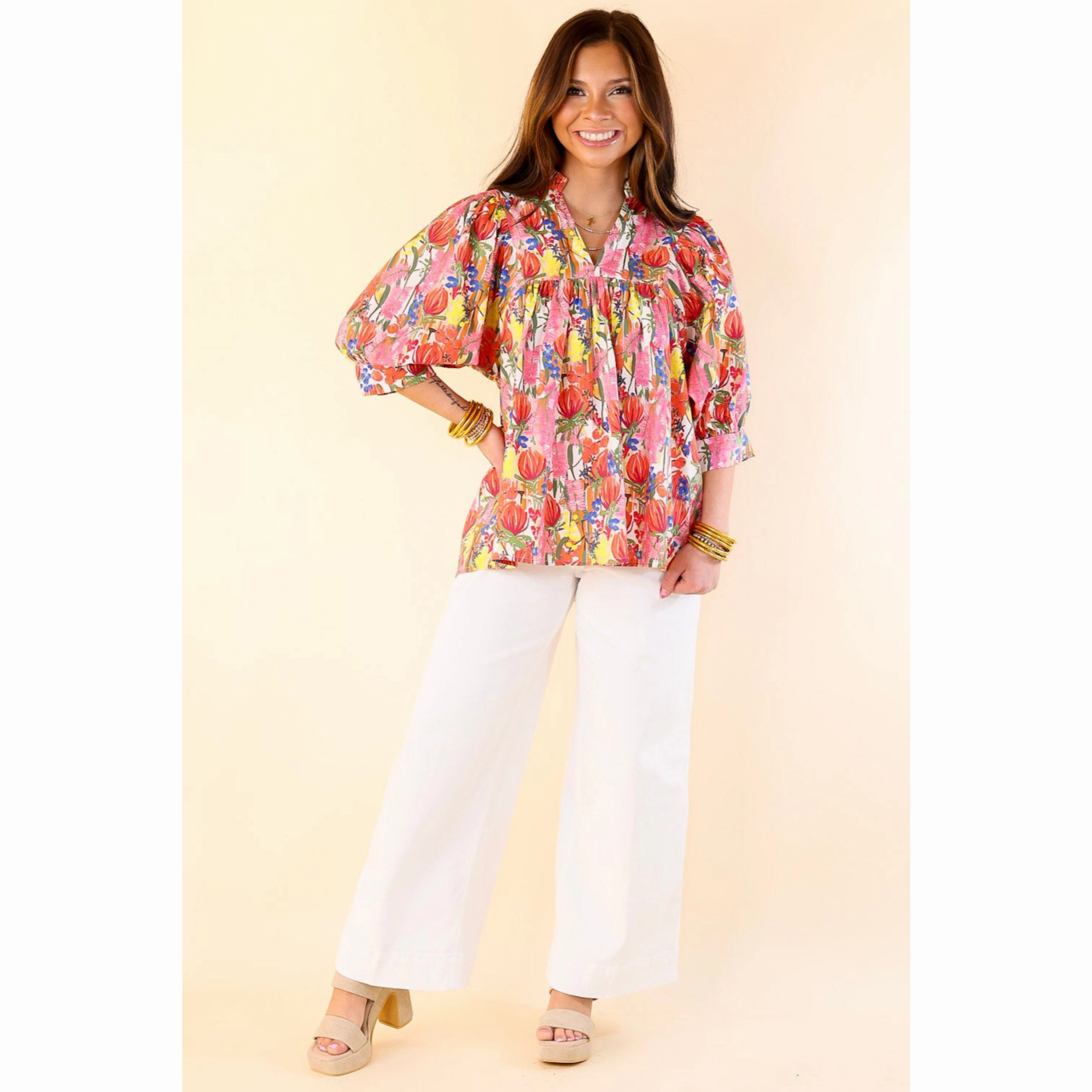 Adjustable Cuff Closure Polished Finish Blissful Bloom Floral Print Top with Puff Sleeves in Pink Mix