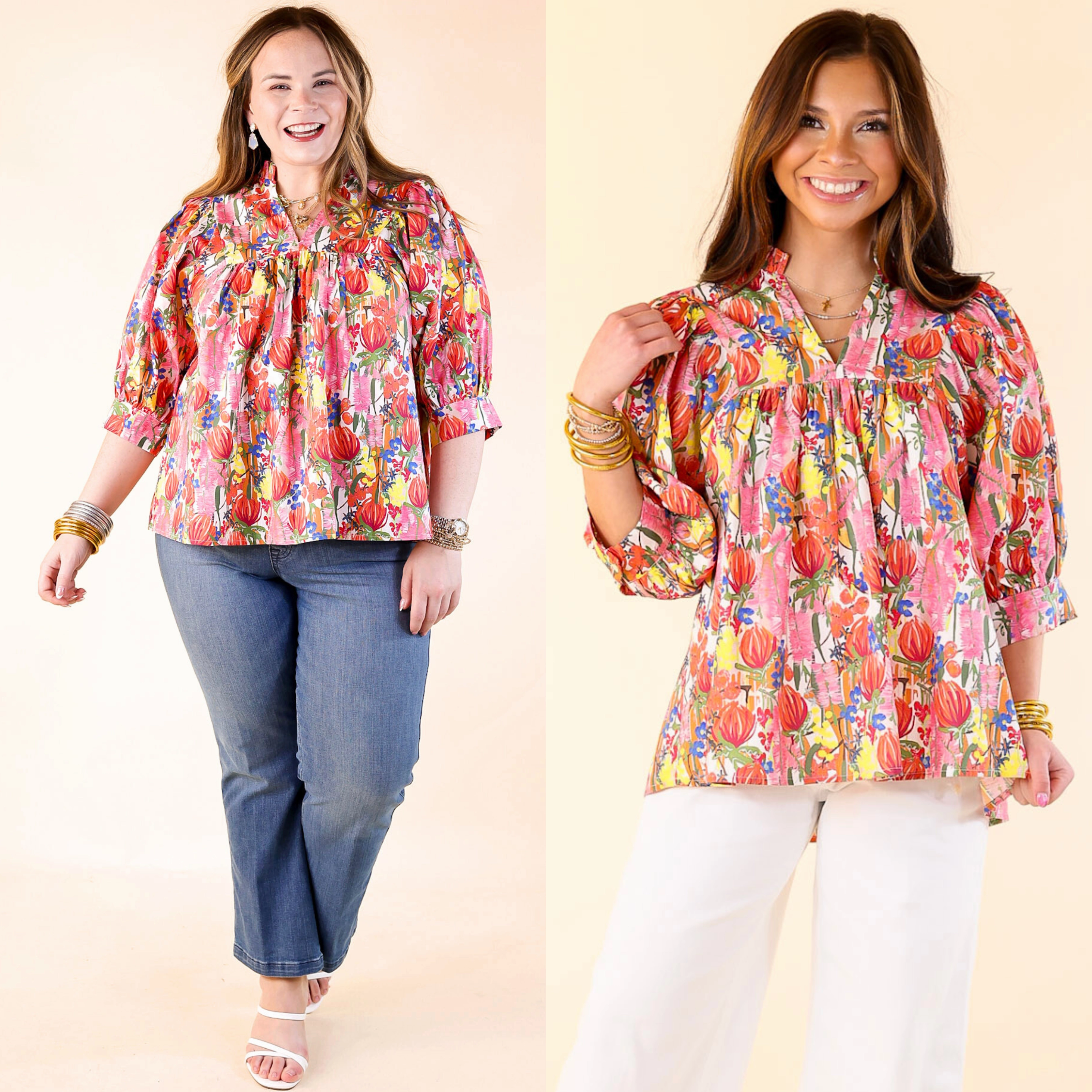 Blissful Bloom Floral Print Top with Puff Sleeves in Pink Mix Non Iron