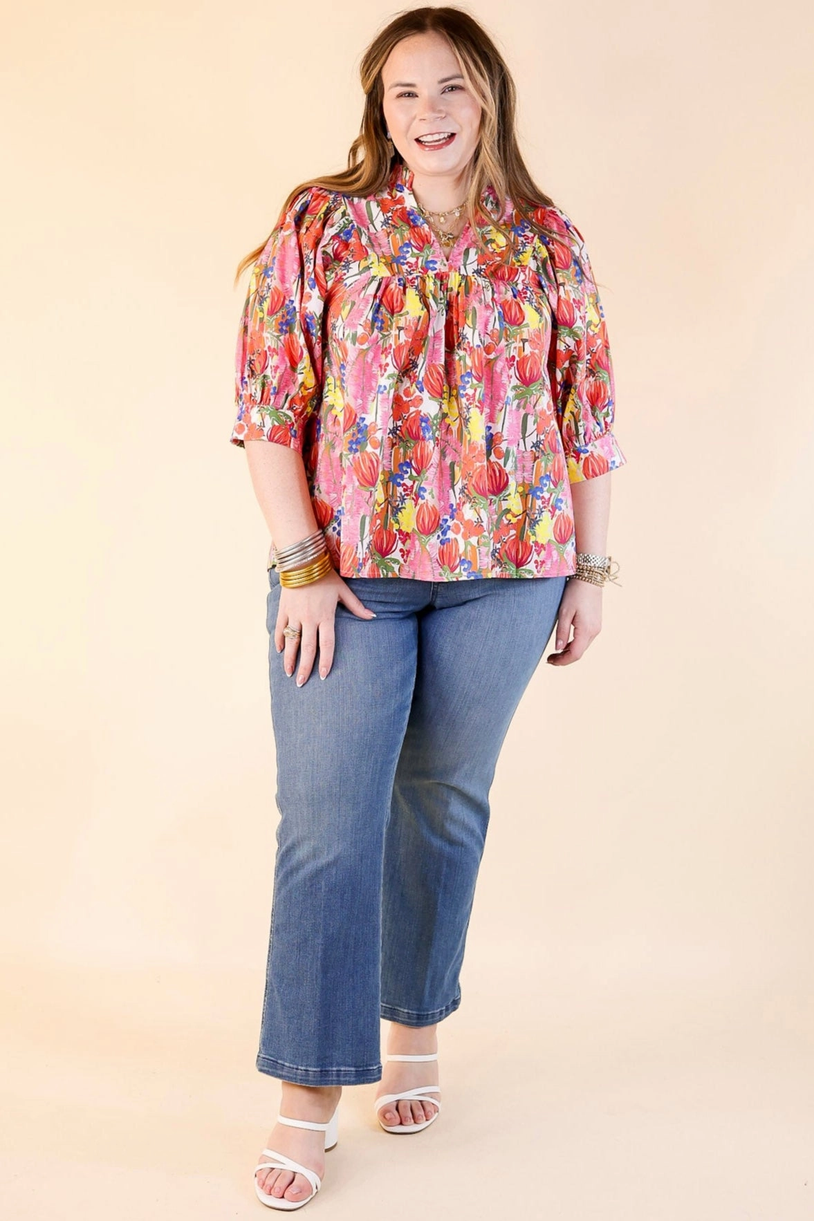 Blissful Bloom Floral Print Top with Puff Sleeves in Pink Mix Fashion staples