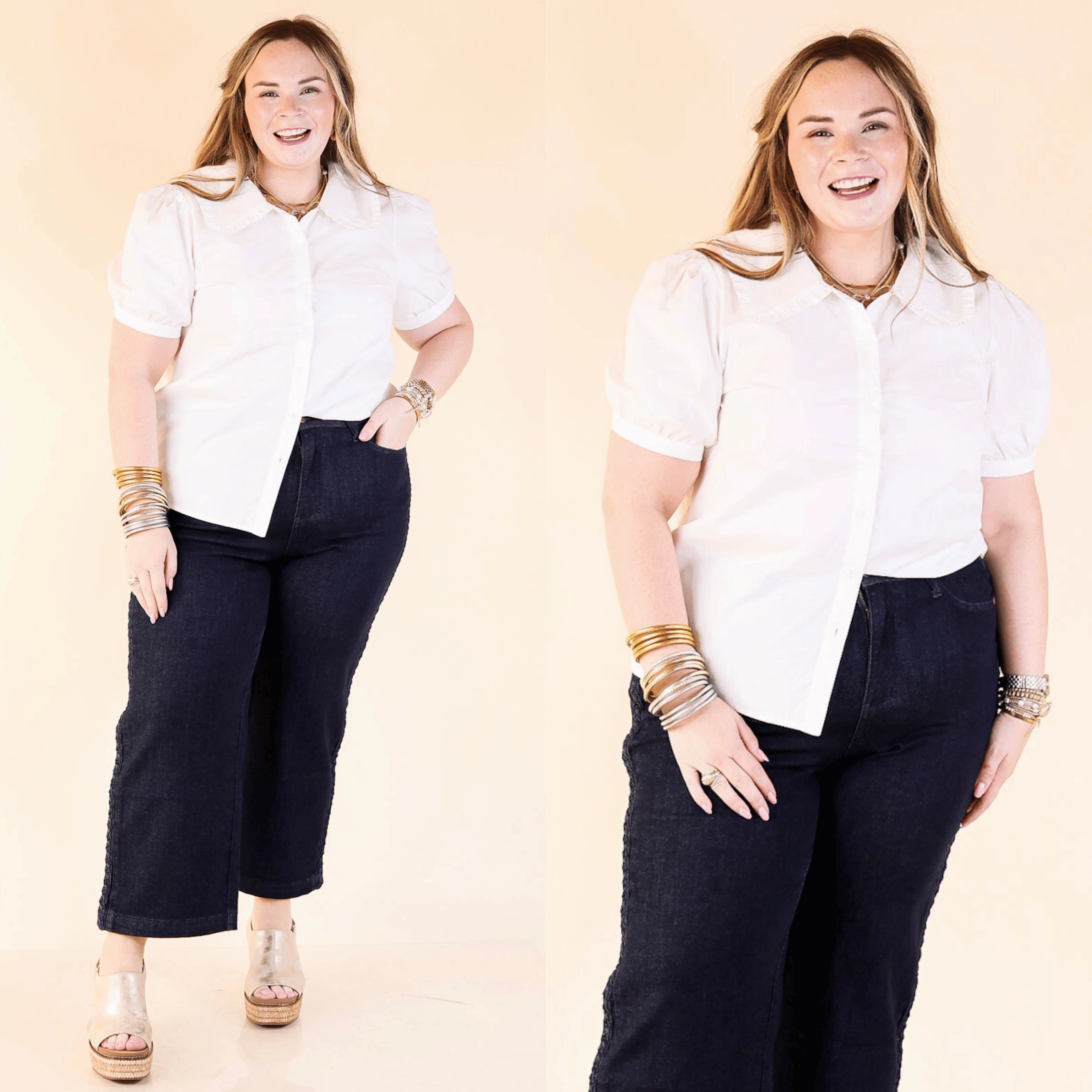 Call Me Darling Puff Sleeve Button Down With a Peter Pan Collar in White Multi Functional Pockets Snag Free Surface