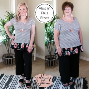 Cool Edge Well Balanced Stripe & Floral Ruffle Tunic in Black