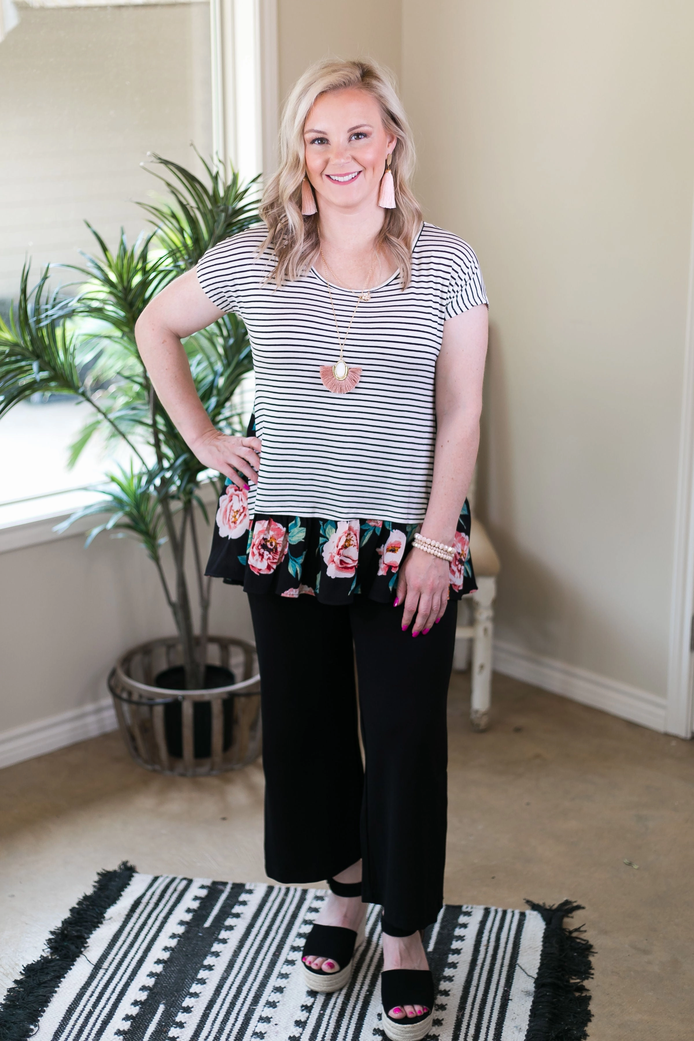 Soft Touch Wave Core Well Balanced Stripe & Floral Ruffle Tunic in Black