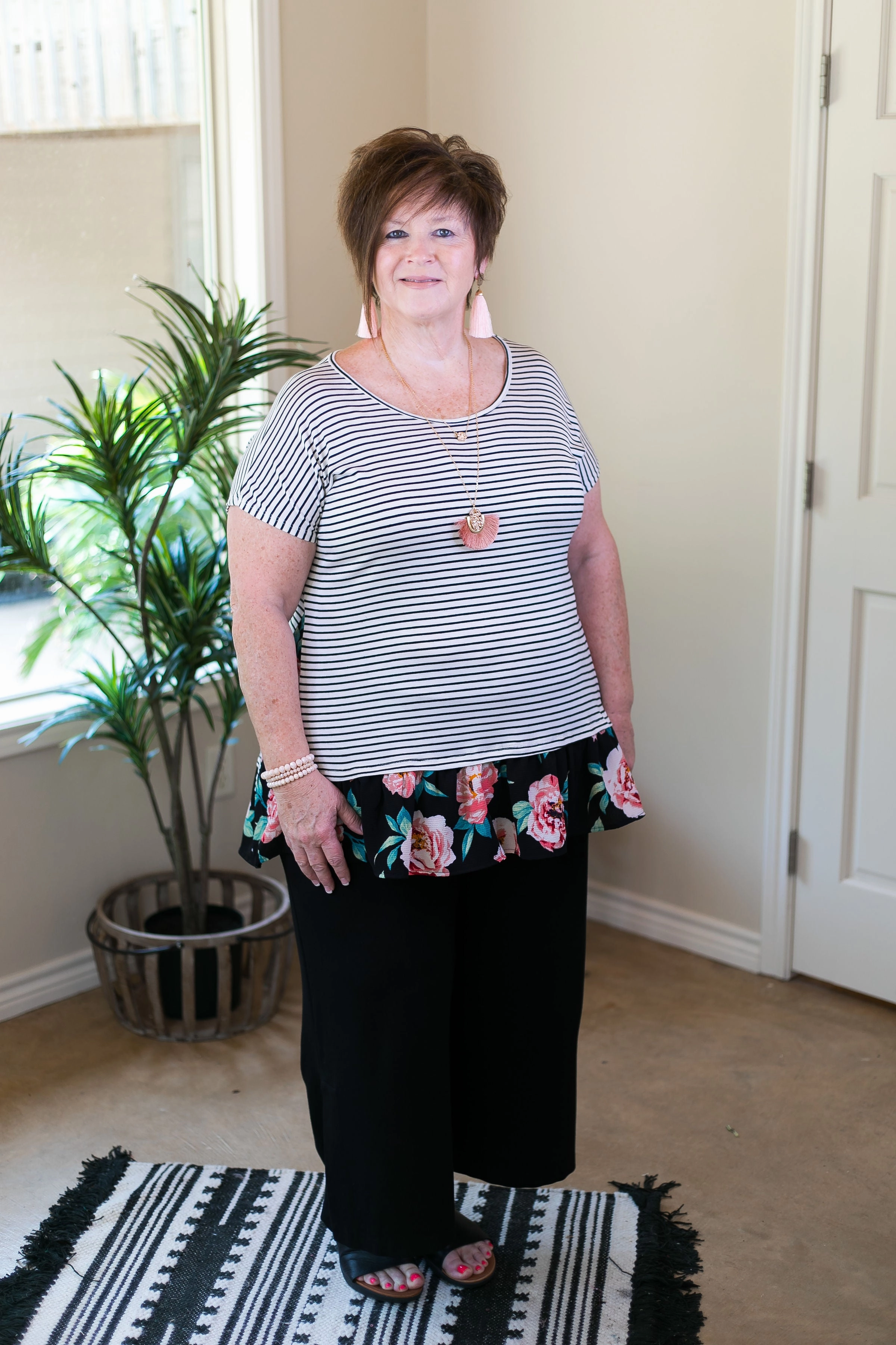 LayeredConstruction elastic waistband Well Balanced Stripe & Floral Ruffle Tunic in Black