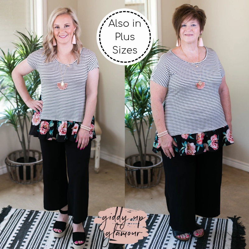 Cool Edge Well Balanced Stripe & Floral Ruffle Tunic in Black