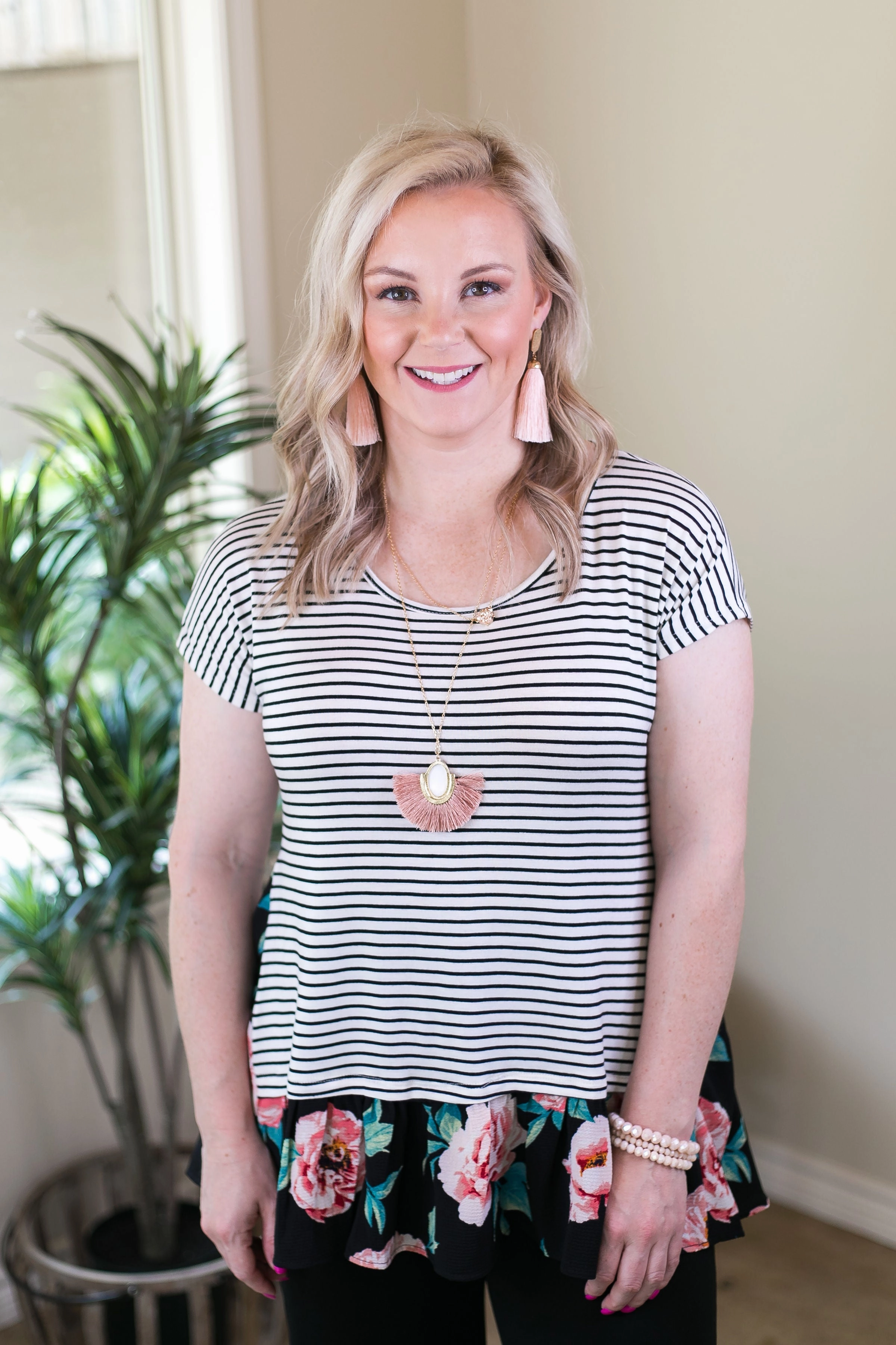 Well Balanced Stripe & Floral Ruffle Tunic in Black FrictionResistant