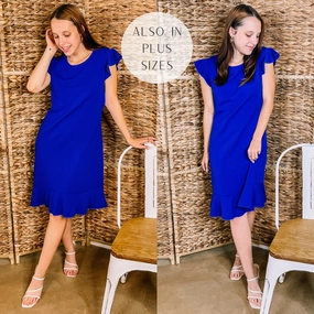 Last Chance Size 3XL | Boss Shift Ruffle Cap Sleeve Dress with Ruffle Hem in Royal Blue HighElasticity WaterRepellent Surface