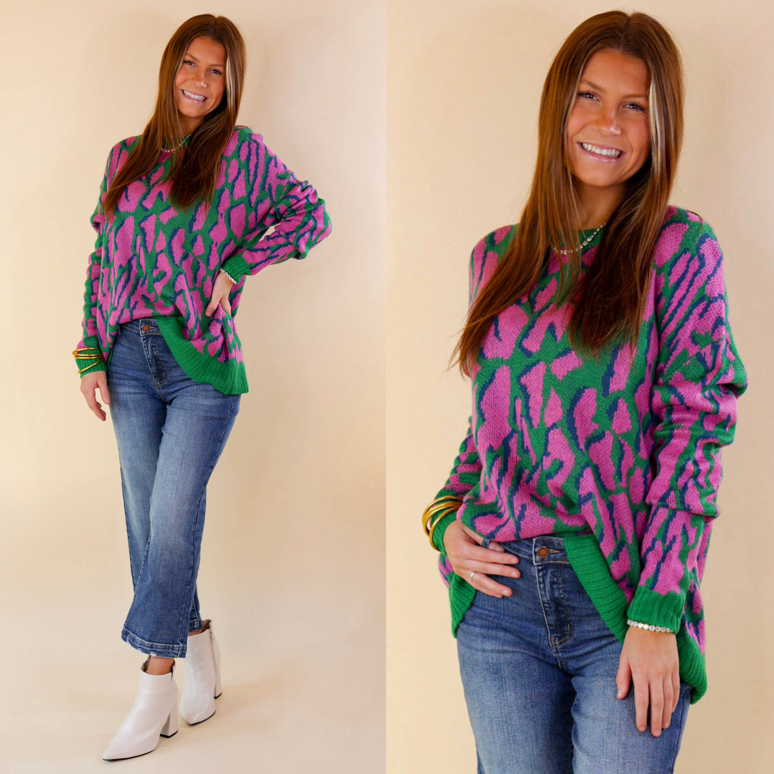 No Hesitation Animal Print Long Sleeve Sweater in Green and Purple Wool Fit Rich Tone