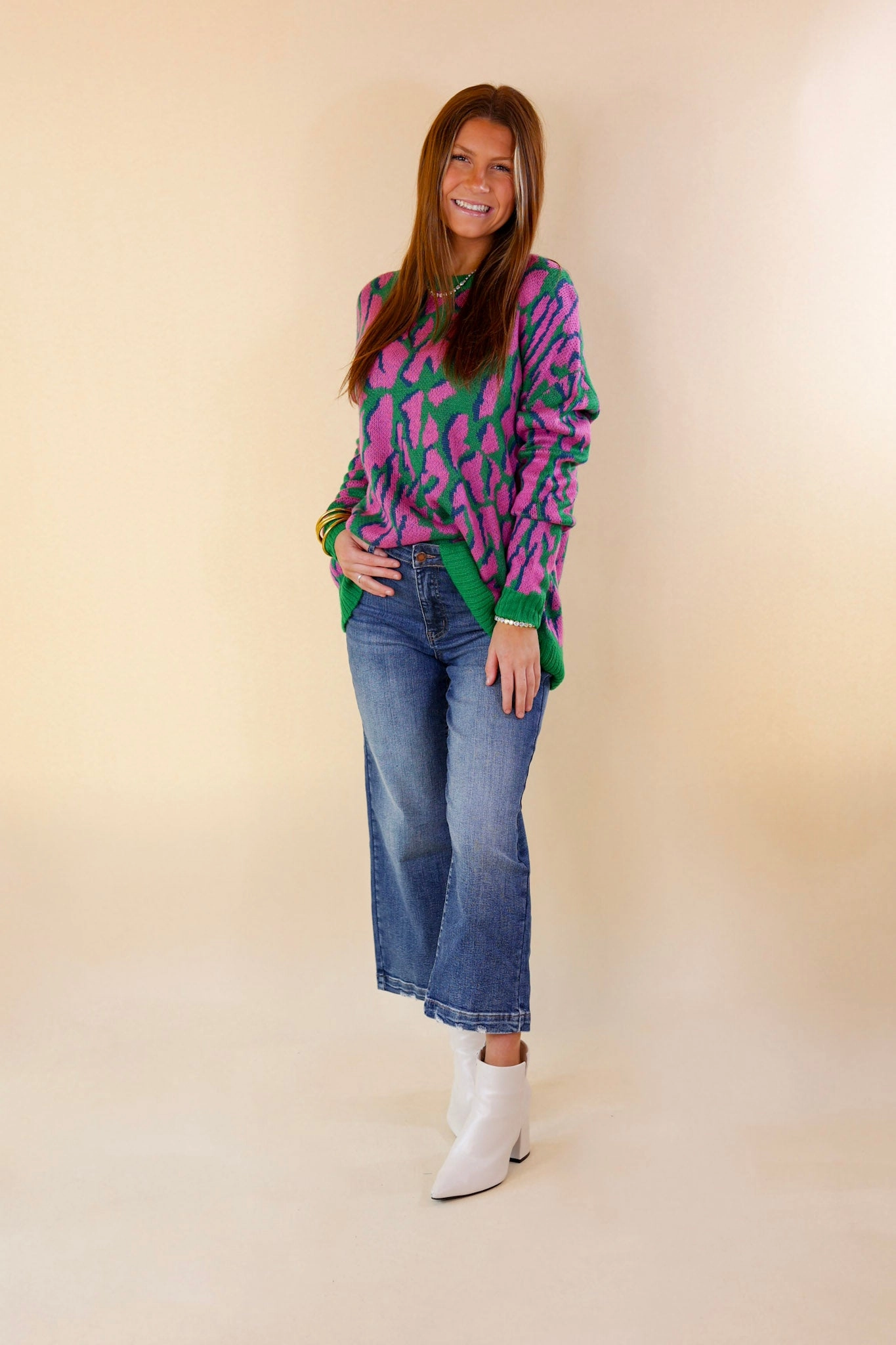 No Hesitation Animal Print Long Sleeve Sweater in Green and Purple Hike Fit