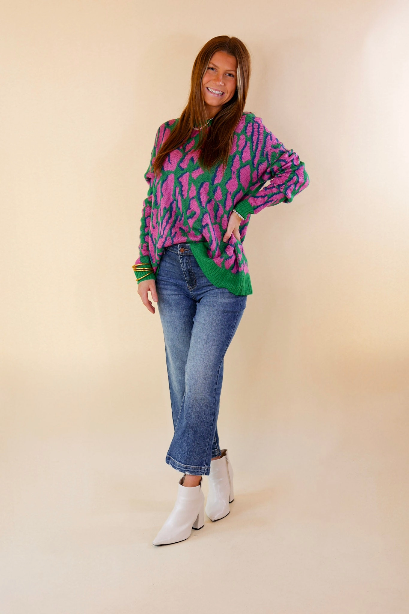No Hesitation Animal Print Long Sleeve Sweater in Green and Purple Prince Core