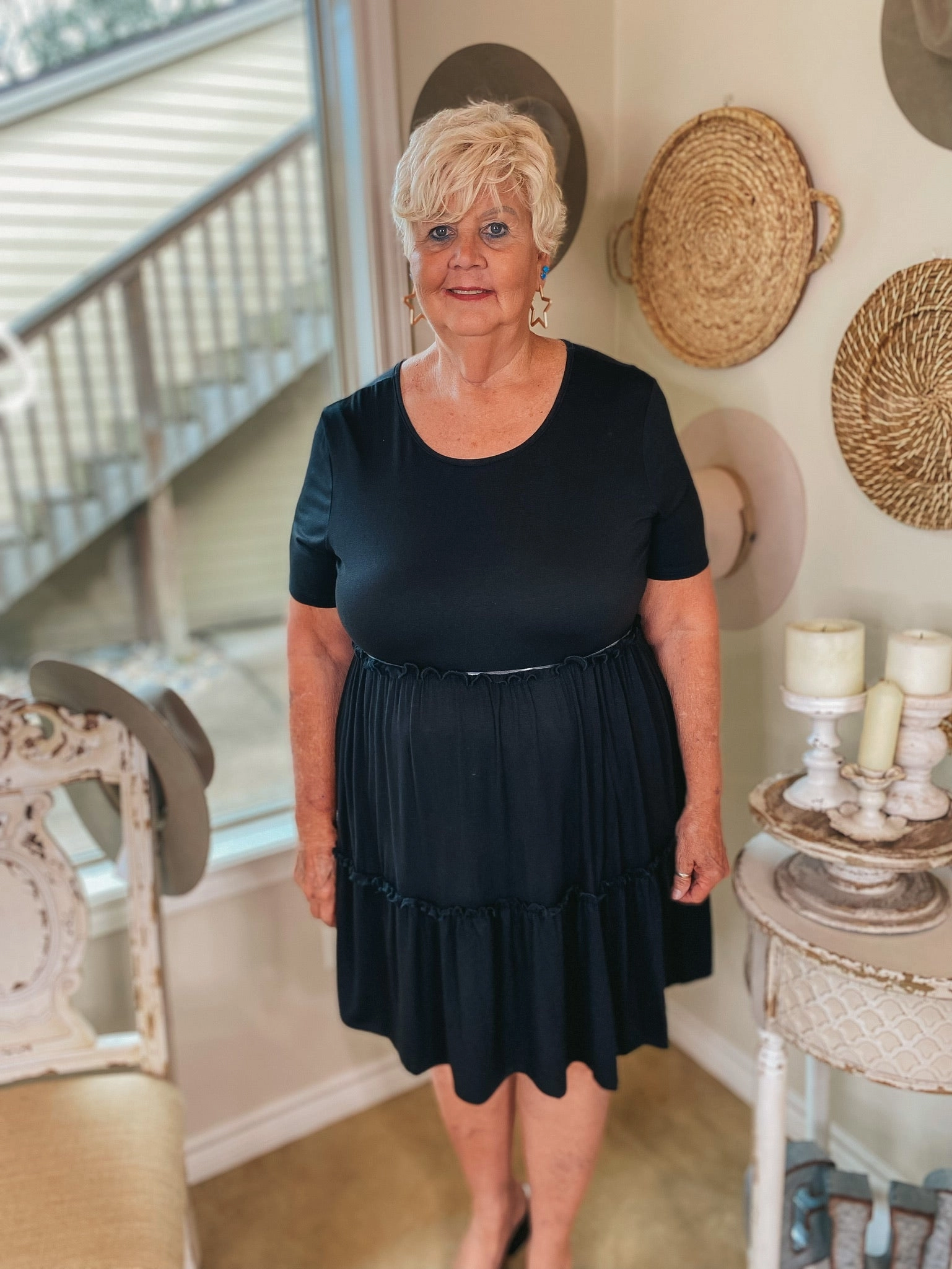 A Night to Remember Ruffle Tiered Short Sleeve Dress in Black River Flow