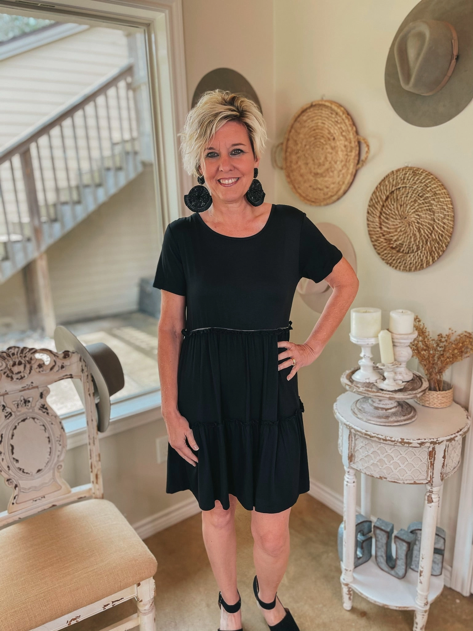 A Night to Remember Ruffle Tiered Short Sleeve Dress in Black Light Pants