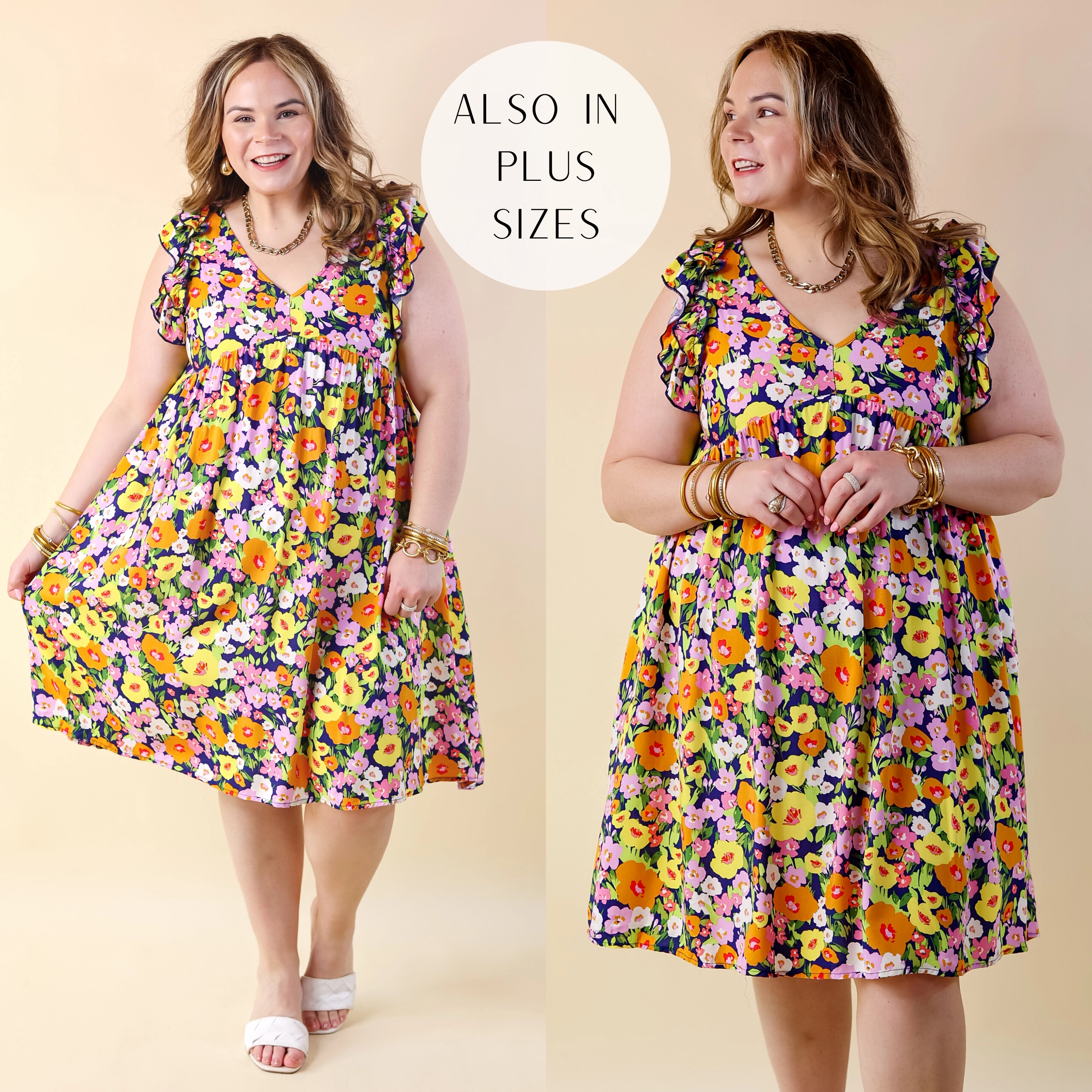 Star Fit Spring Beauty Floral Ruffle Cap Sleeve Midi Dress in Navy Blue