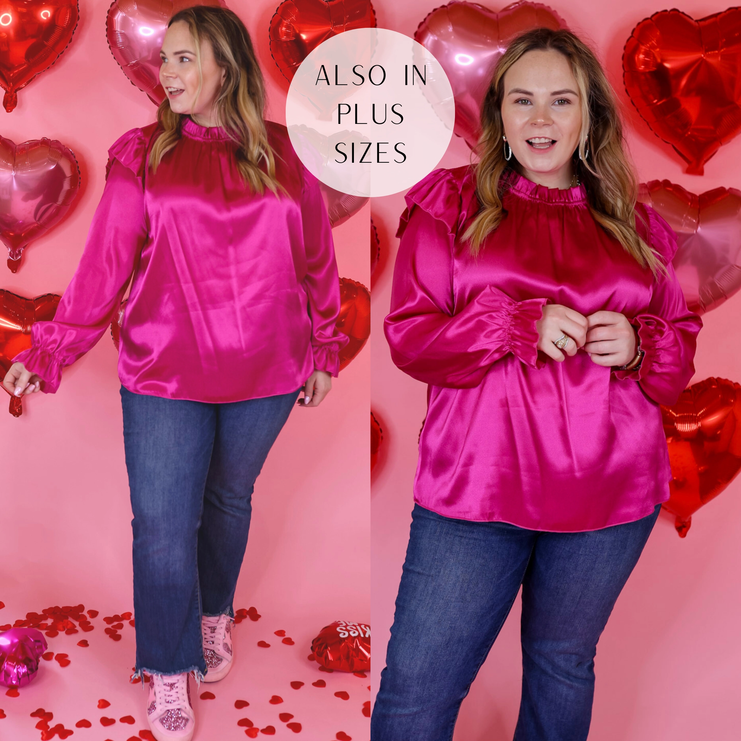 Clean Fit Fairy Touch Can't Stop Me Ruffle Mock Neck Long Sleeve Satin Top in Fuchsia Pink