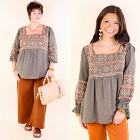 Address The Room Embroidered Square Neck Top with 3/4 Sleeves in Olive Green Double Stitched Seams AdaptiveFitFabric