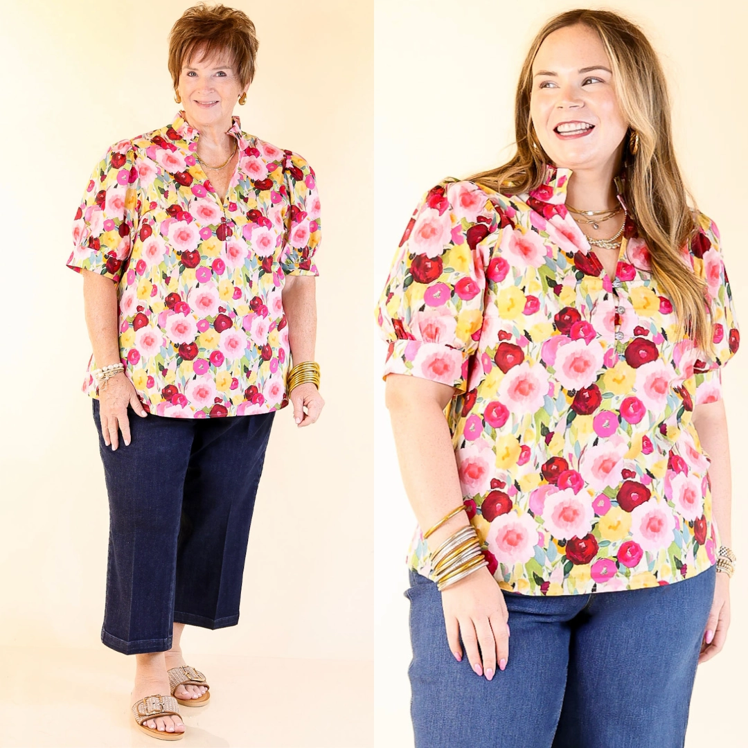 Brighter Blooms Ahead Floral Print Top with Ruffle Collar and Puff Sleeves in Multi Fashionable Comfort
