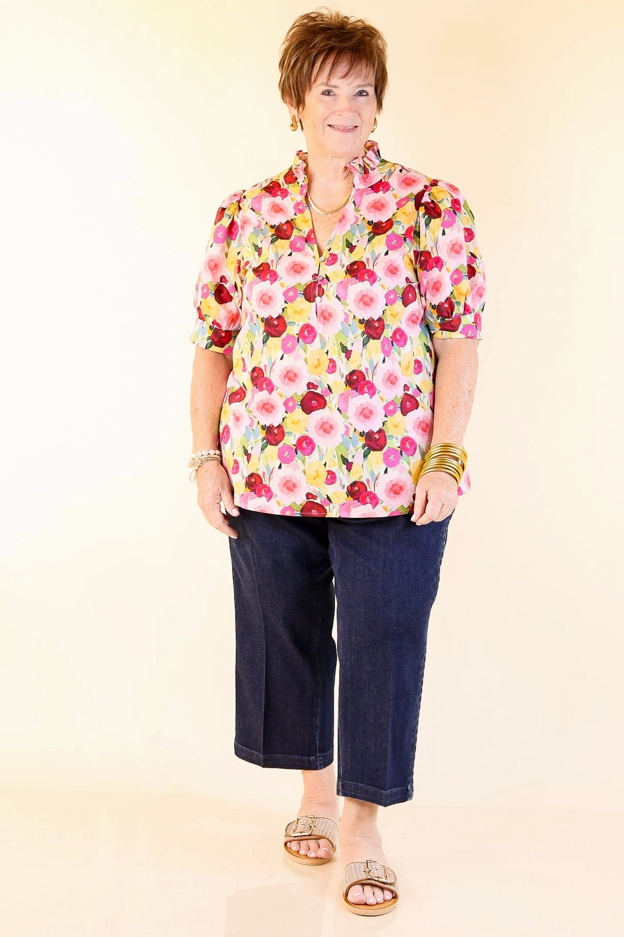 Brighter Blooms Ahead Floral Print Top with Ruffle Collar and Puff Sleeves in Multi Casual Look