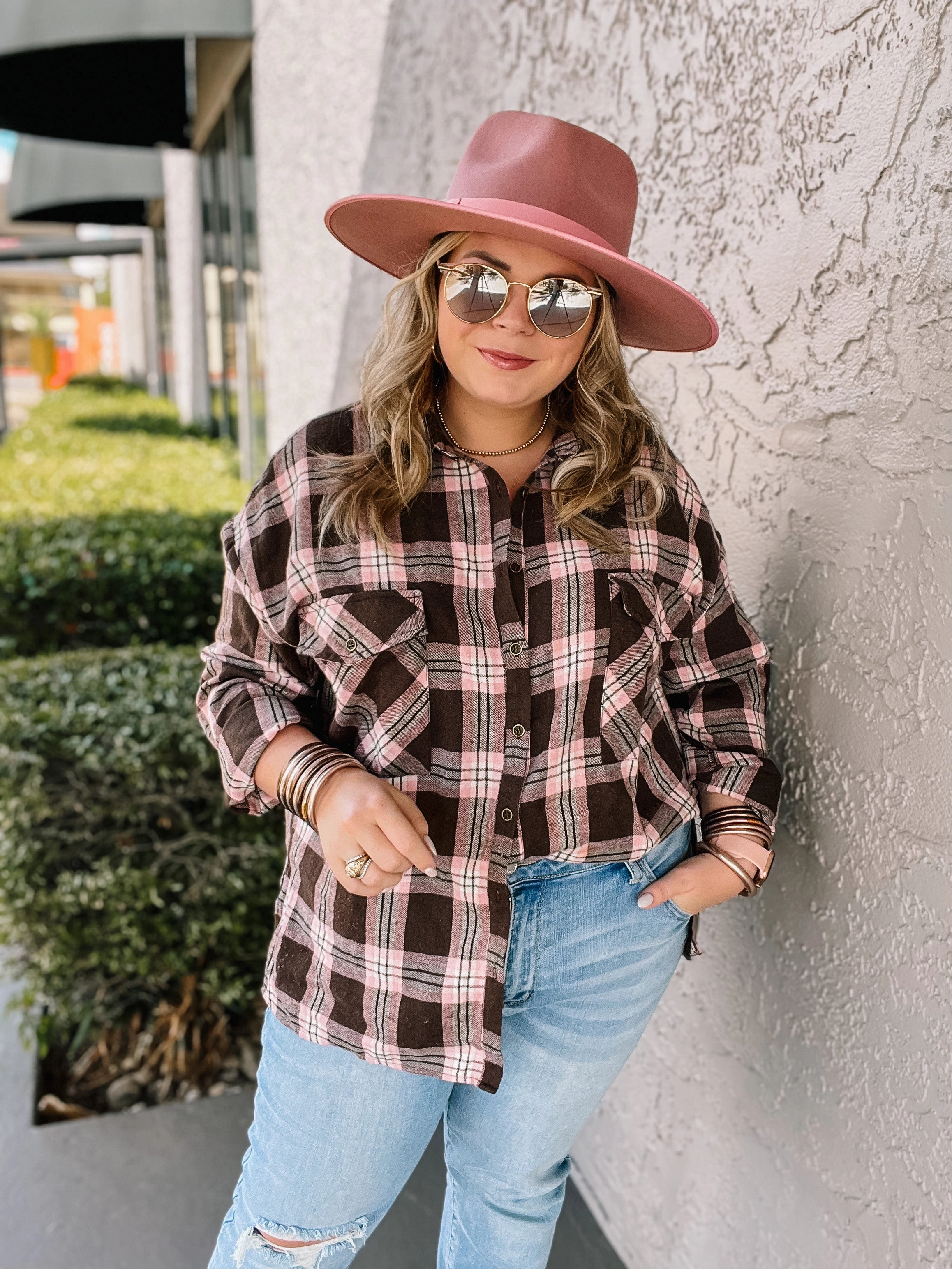 Adjustable Waistbands Cheery Mood Button Up Plaid Flannel Top in Pink and Brown