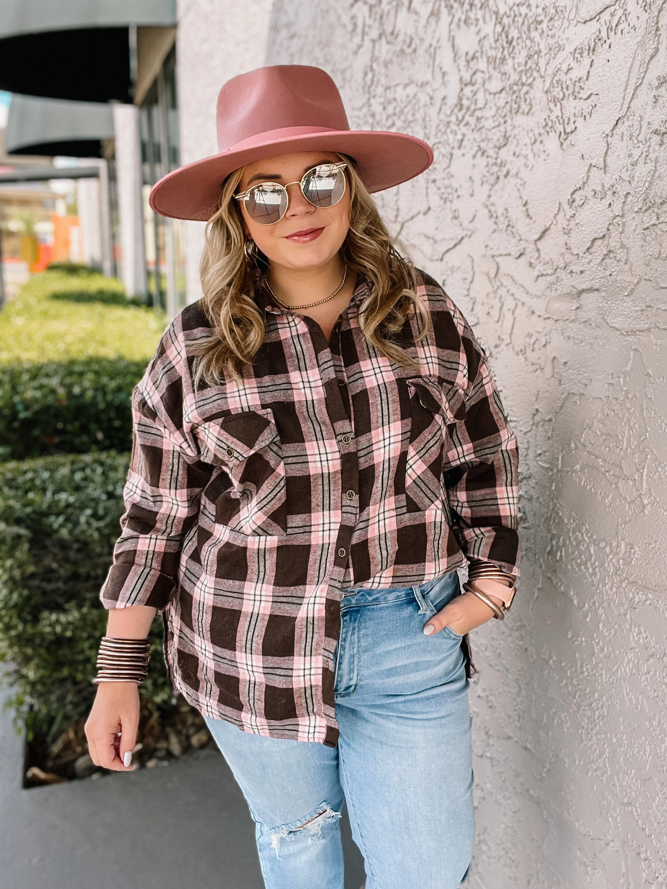 Cheery Mood Button Up Plaid Flannel Top in Pink and Brown Village Charm Hero Tale