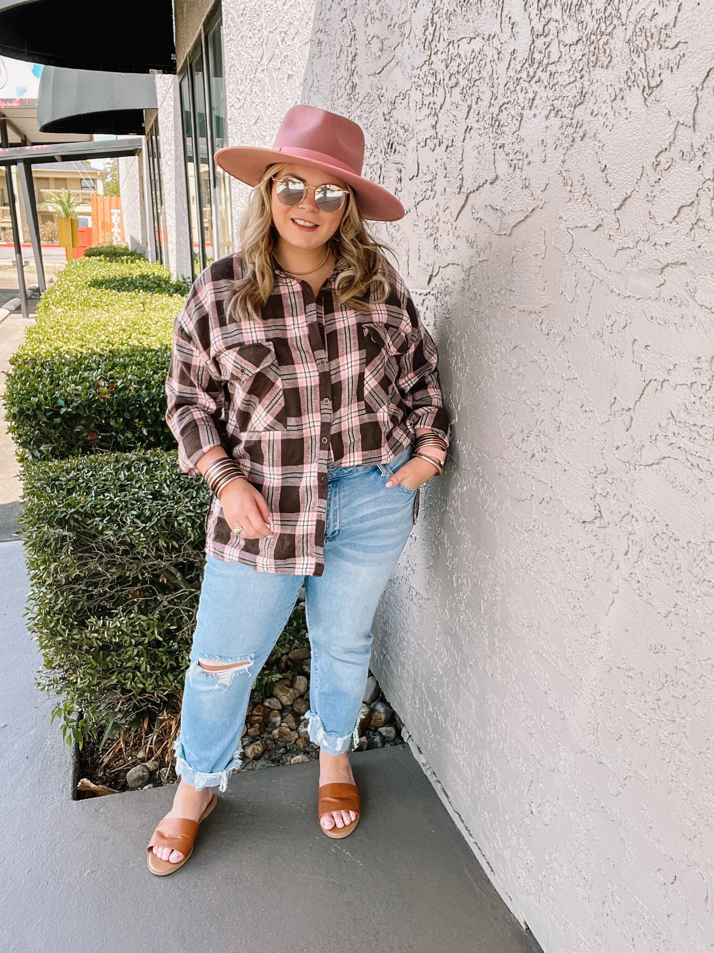 Warm Sweater Cheery Mood Button Up Plaid Flannel Top in Pink and Brown