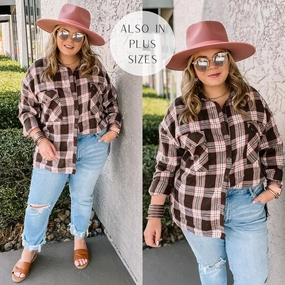 Cheery Mood Button Up Plaid Flannel Top in Pink and Brown HighNeckStyle Relaxed Layer