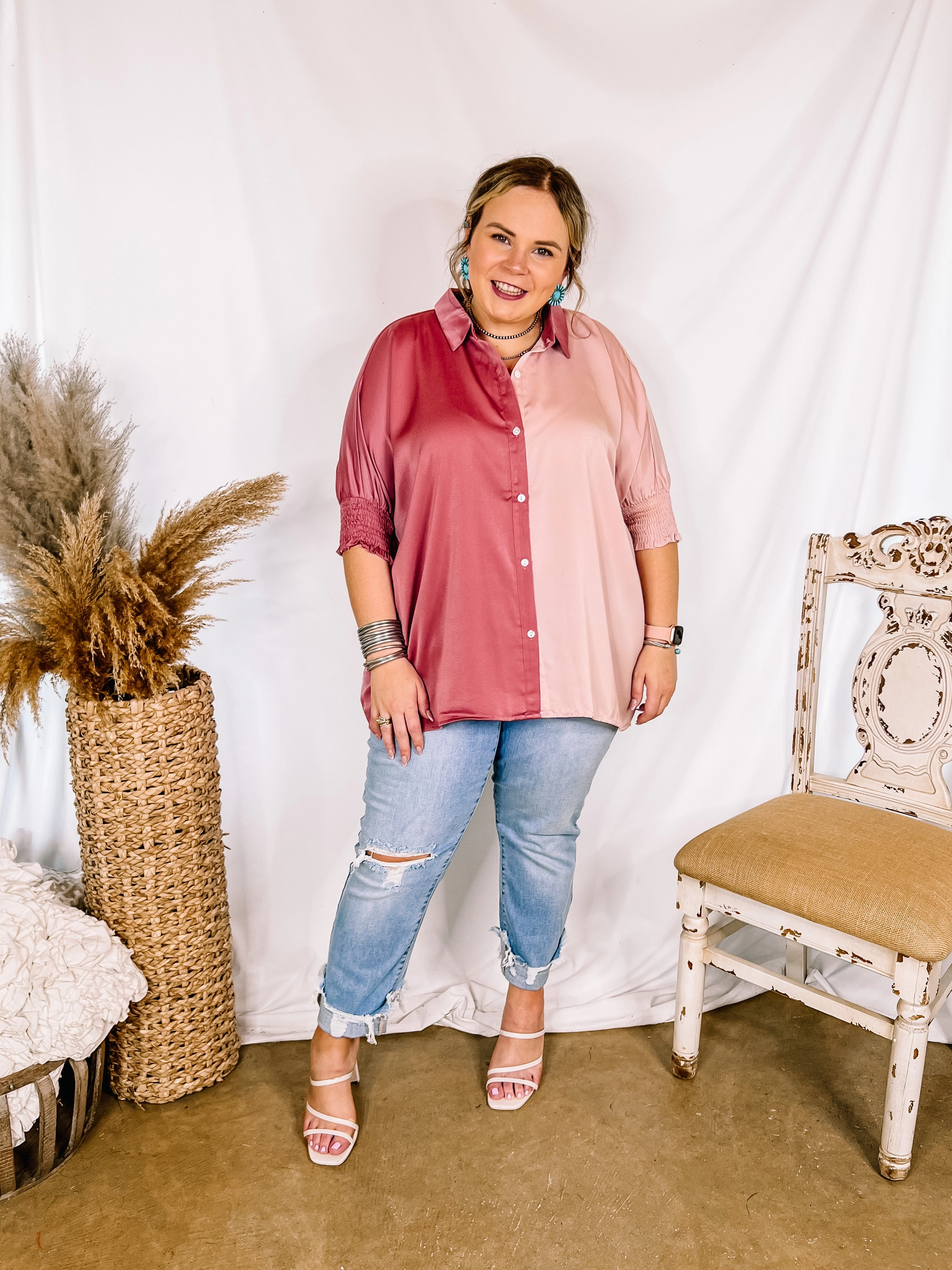 Wonder Core Last Chance Size Small (Oversized) | Major Glow Satin Smocked 3/4 Sleeve Button Up Blouse in Mauve and Blush Pink