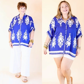 Classic Perfection Damask Print Button Up Collared Blouse in Royal Blue Essential Layer All-Season Wear