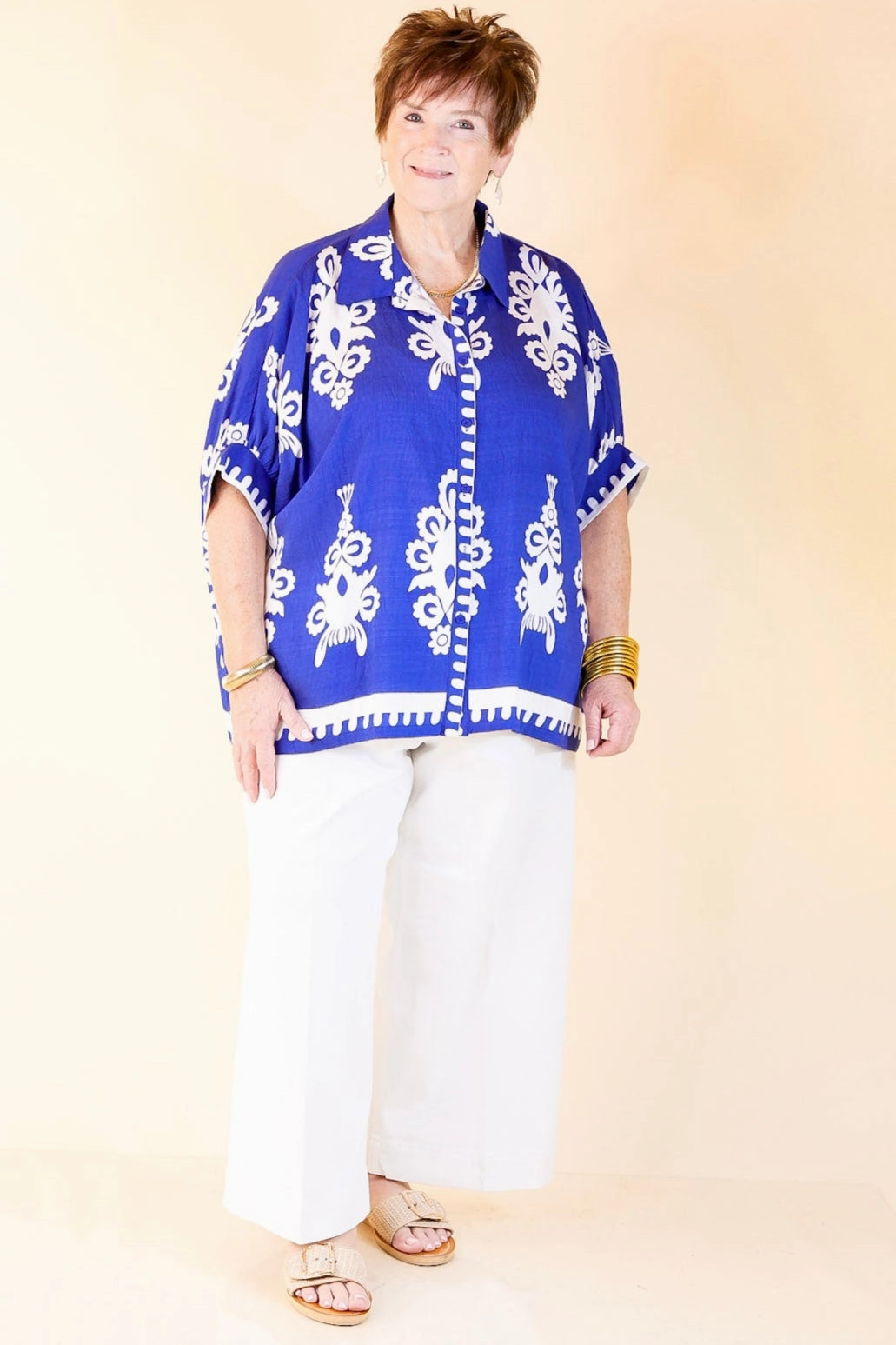 Quick Release Placket Youthful Vibe Classic Perfection Damask Print Button Up Collared Blouse in Royal Blue